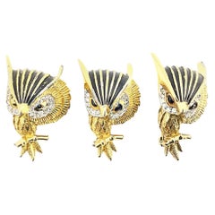 Vintage Jomaz Jeweled Black Enamel Gold Tone Owl Brooches Set of 3