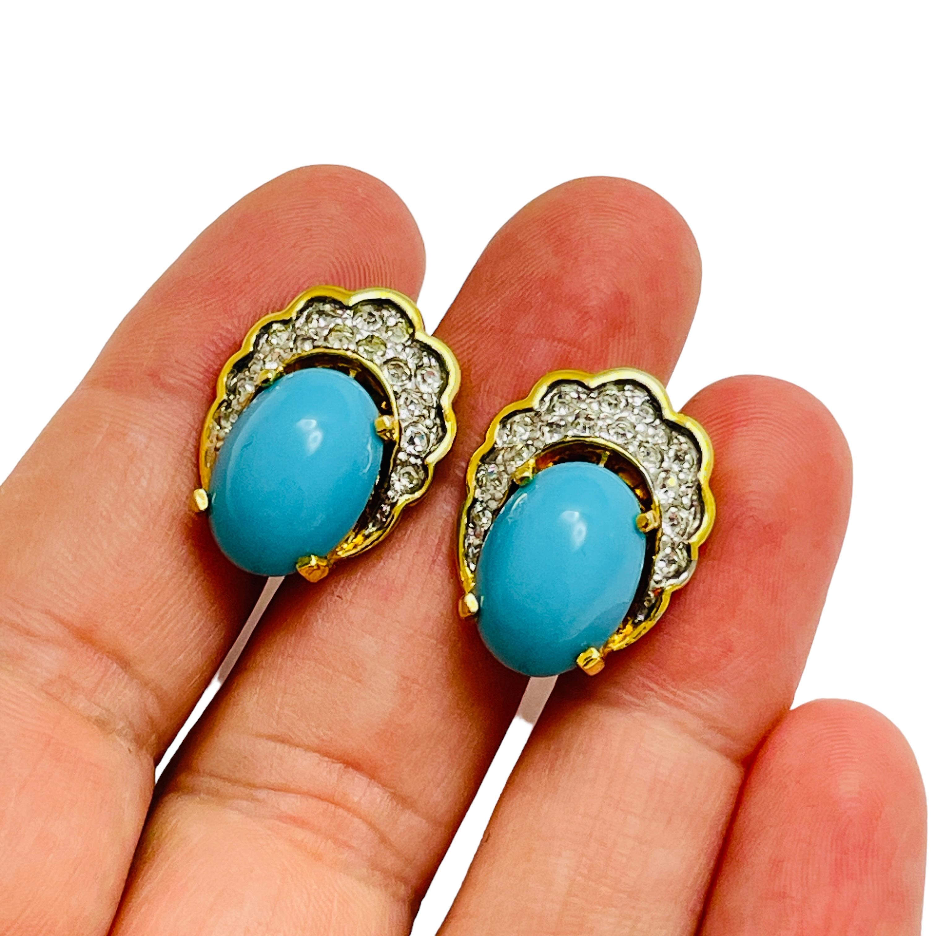 Women's JOMAZ signed vintage gold turquoise designer runway clip on earrings