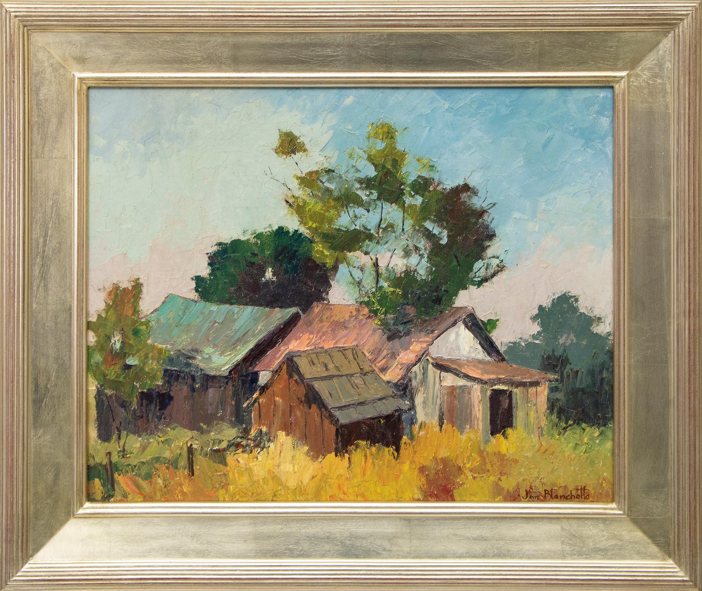 1950s American Modernist California Landscape Oil Painting, Barns and Trees