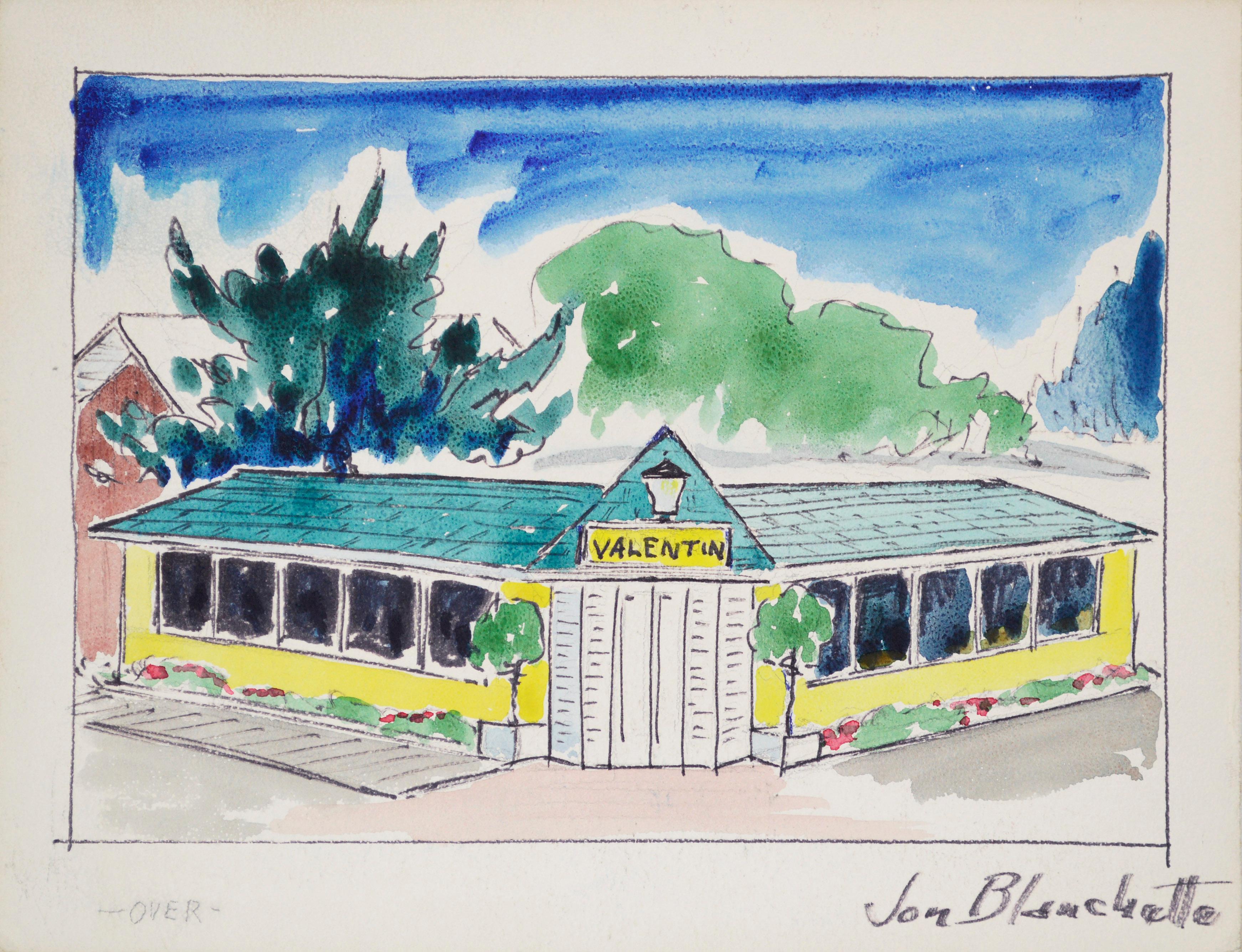 Landscape Painting di Jon Blanchette - Acquerello del mercato californiano di Aptos, metà secolo