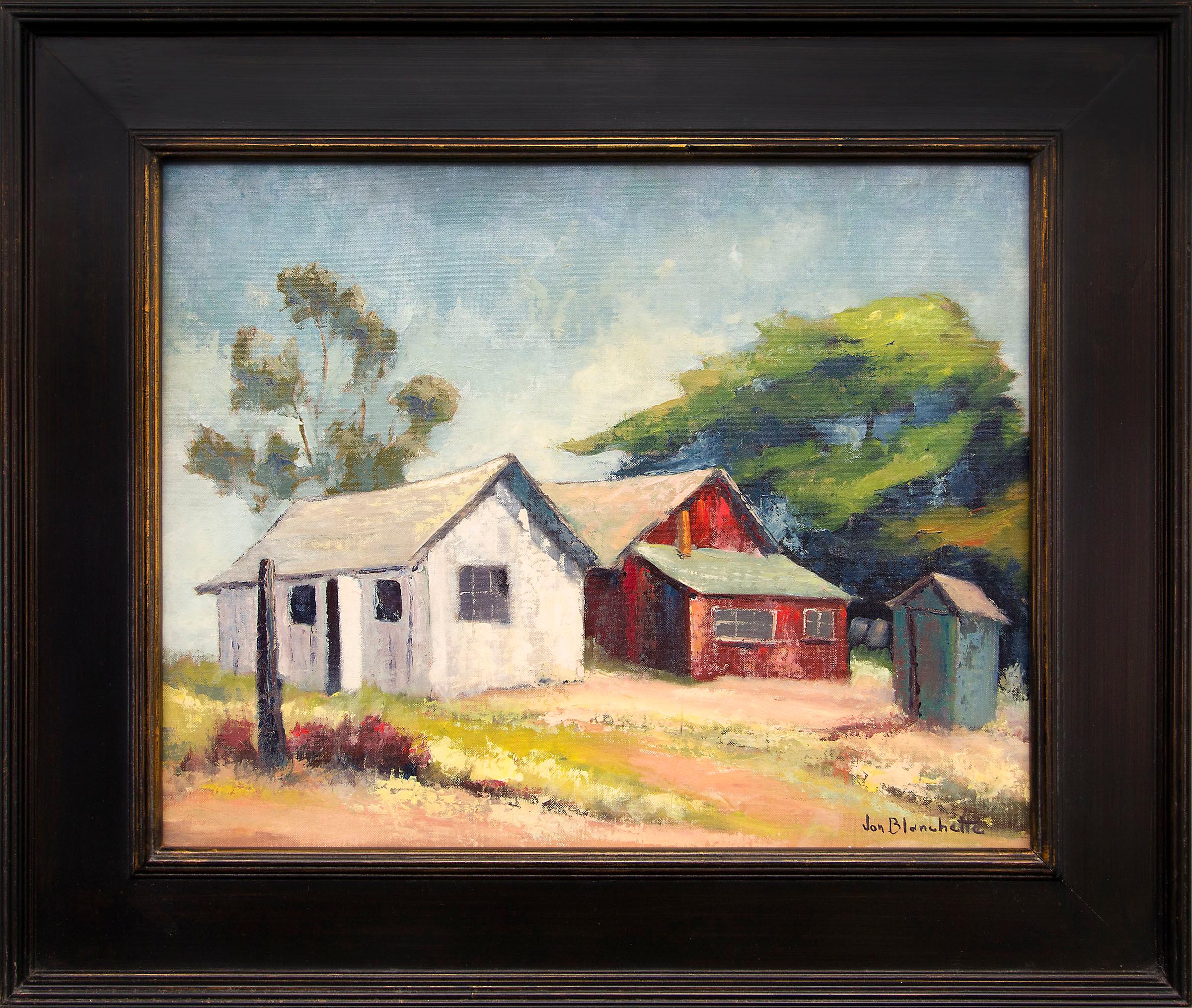 Figurative Painting Jon Blanchette - Barns in Soquel, Californie, paysage vintage, bleu vert rouge blanc beige