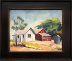 Barns in Soquel, California, Vintage 1950s Painting, Blue Green Red White Beige