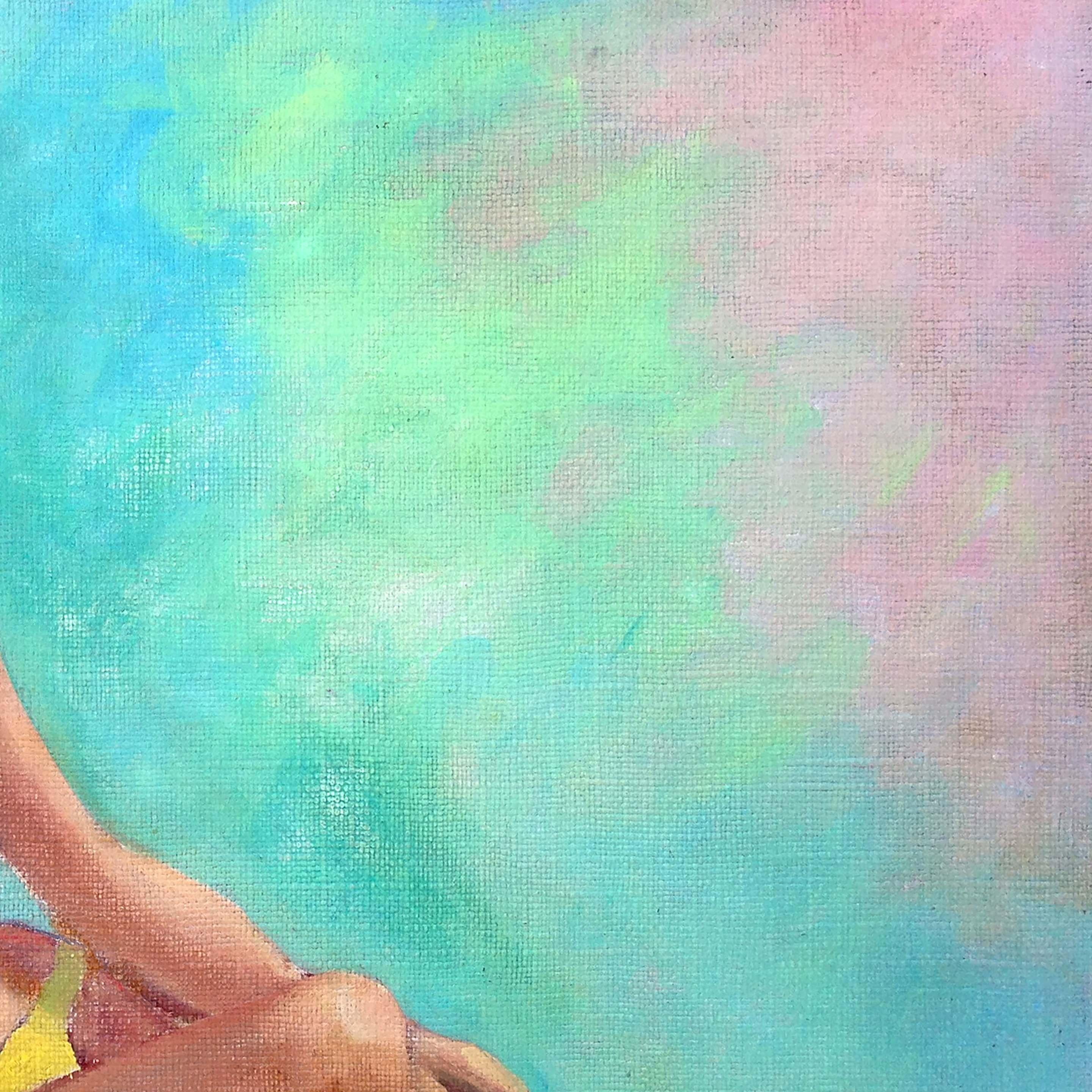 Basking in the Sun – Bunte weibliche Figurenmalerei aus der Mitte des Jahrhunderts  (Braun), Figurative Painting, von Jon Blanchette