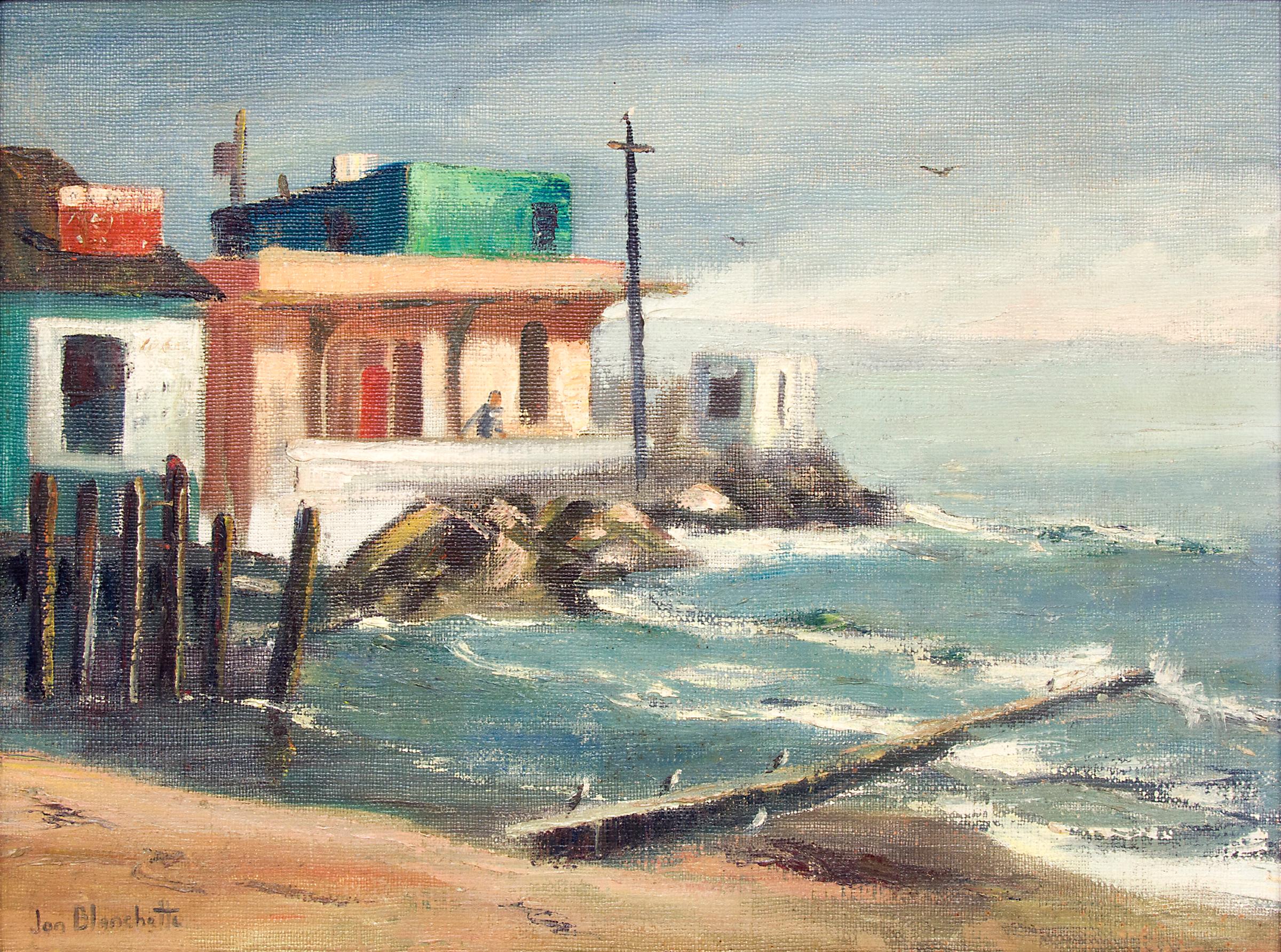 Capitola, California, 1950s Framed California Seascape Marine Oil Painting - Gray Figurative Painting by Jon Blanchette