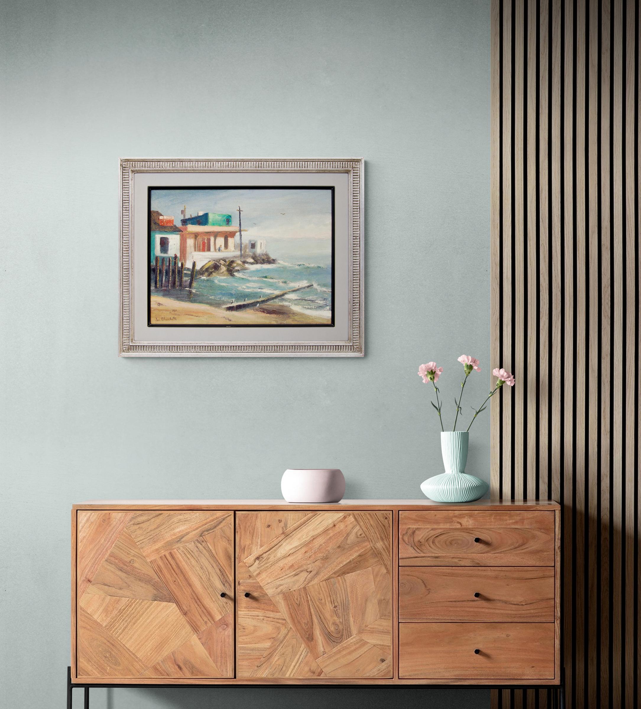 Capitola (California) is an oil on board painting by Jon Blanchette (1908-1987) circa 1955. Marine seascape painting with crashing waves and buildings along the coast painted in shades of blue, green, and orange. Presented in a custom frame, outer