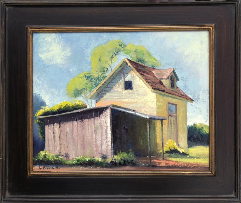 East Santa Cruz, Southern California, Landscape Painting with Yellow Farm House - Gray Figurative Painting by Jon Blanchette