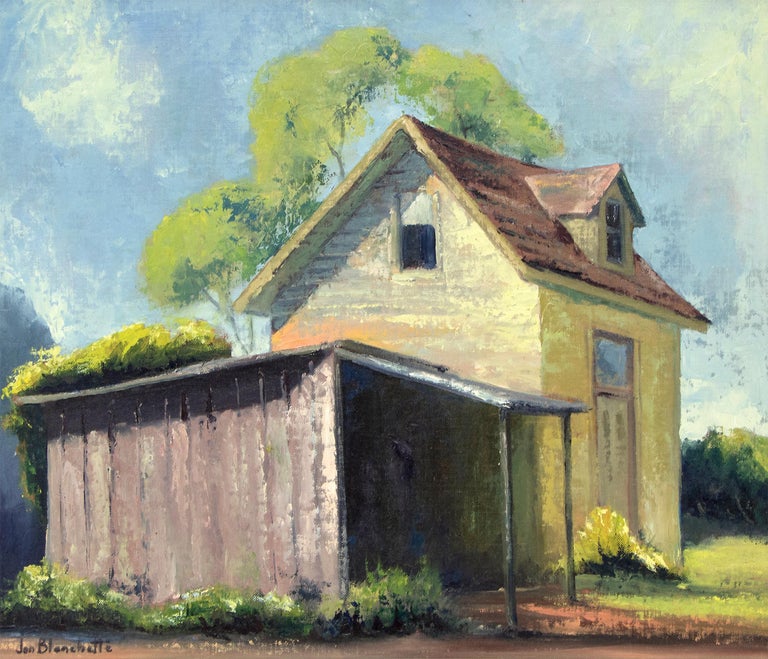 An original oil painting by California artist, Jon Blanchette of a yellow house in East Santa Cruz, Southern California in colors of green, blue, brown, and yellow.  Presented in a custom frame, outer dimensions measure 21 ¾ x 25 ¾ x 1 ¼ inches.