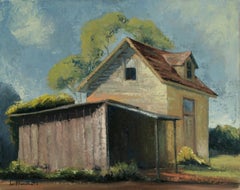 Peinture de paysage avec maison de ferme jaune de Santa Cruz, Californie du Sud