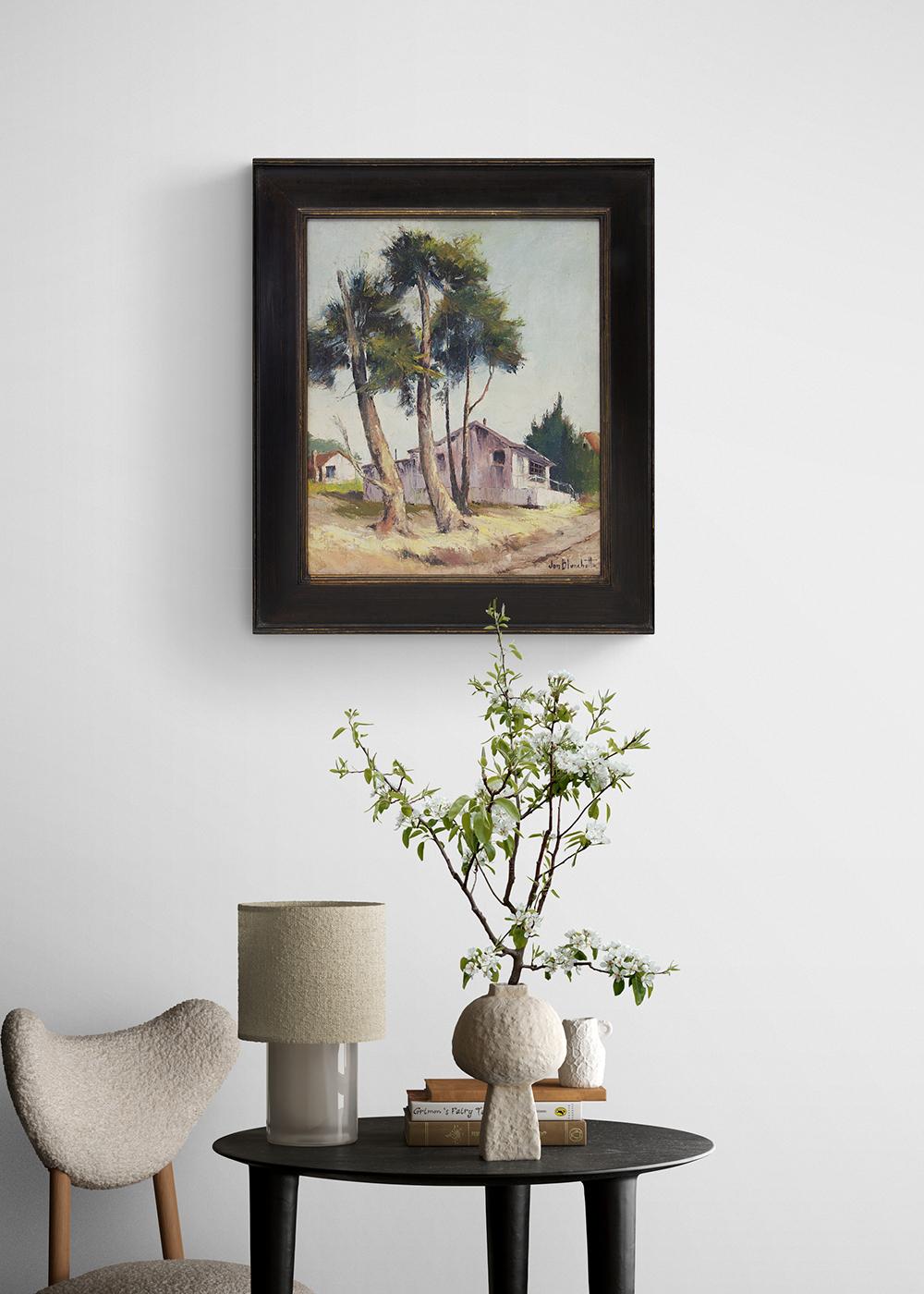 Casa del Capitán del Puerto, Santa Cruz California Paisaje con palmeras y casa de campo - Painting impresionista estadounidense de Jon Blanchette