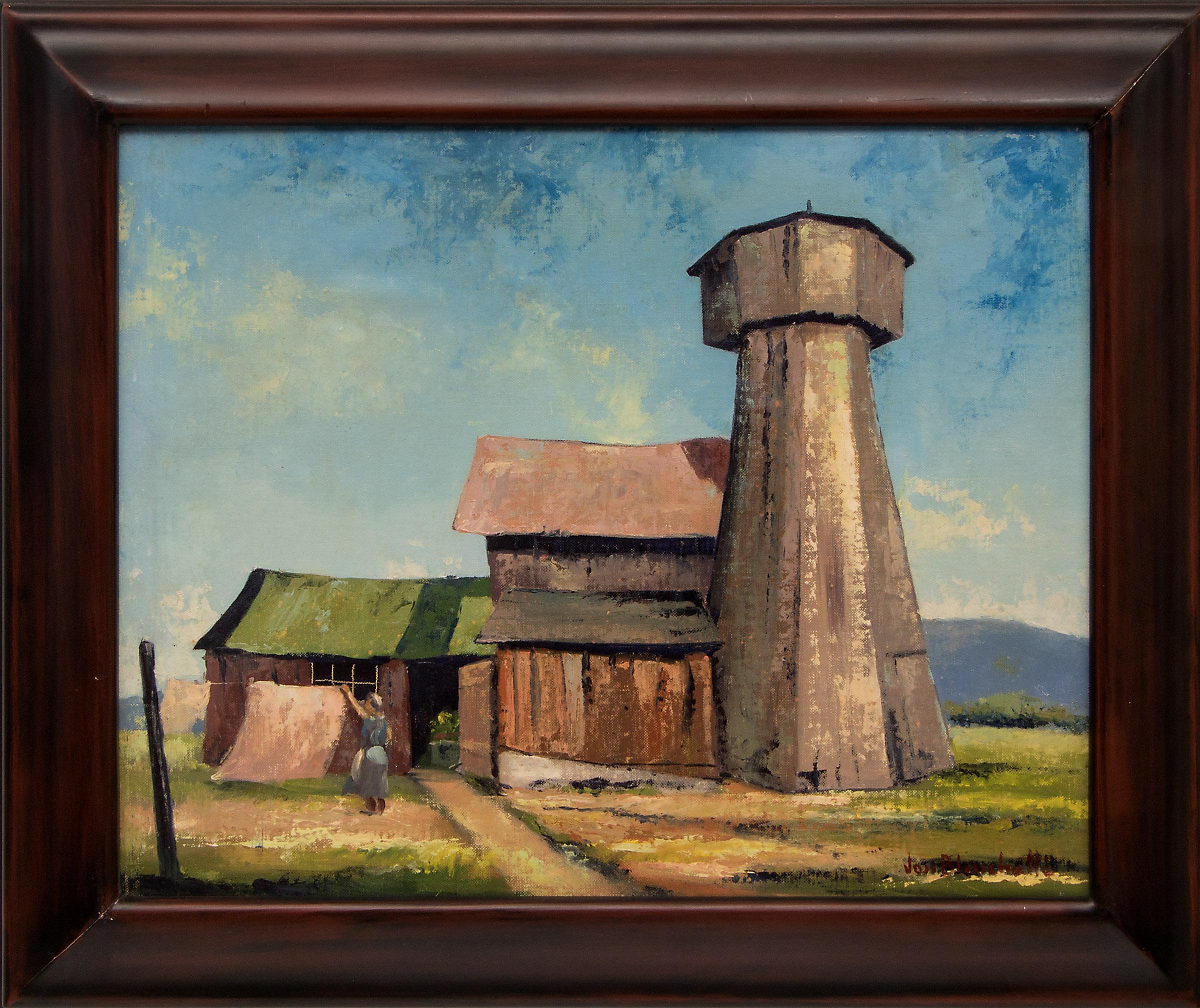 In Soquel, California, 1950s Farm Landscape with Silo, Blue, Green, Gold, Gray - Painting by Jon Blanchette