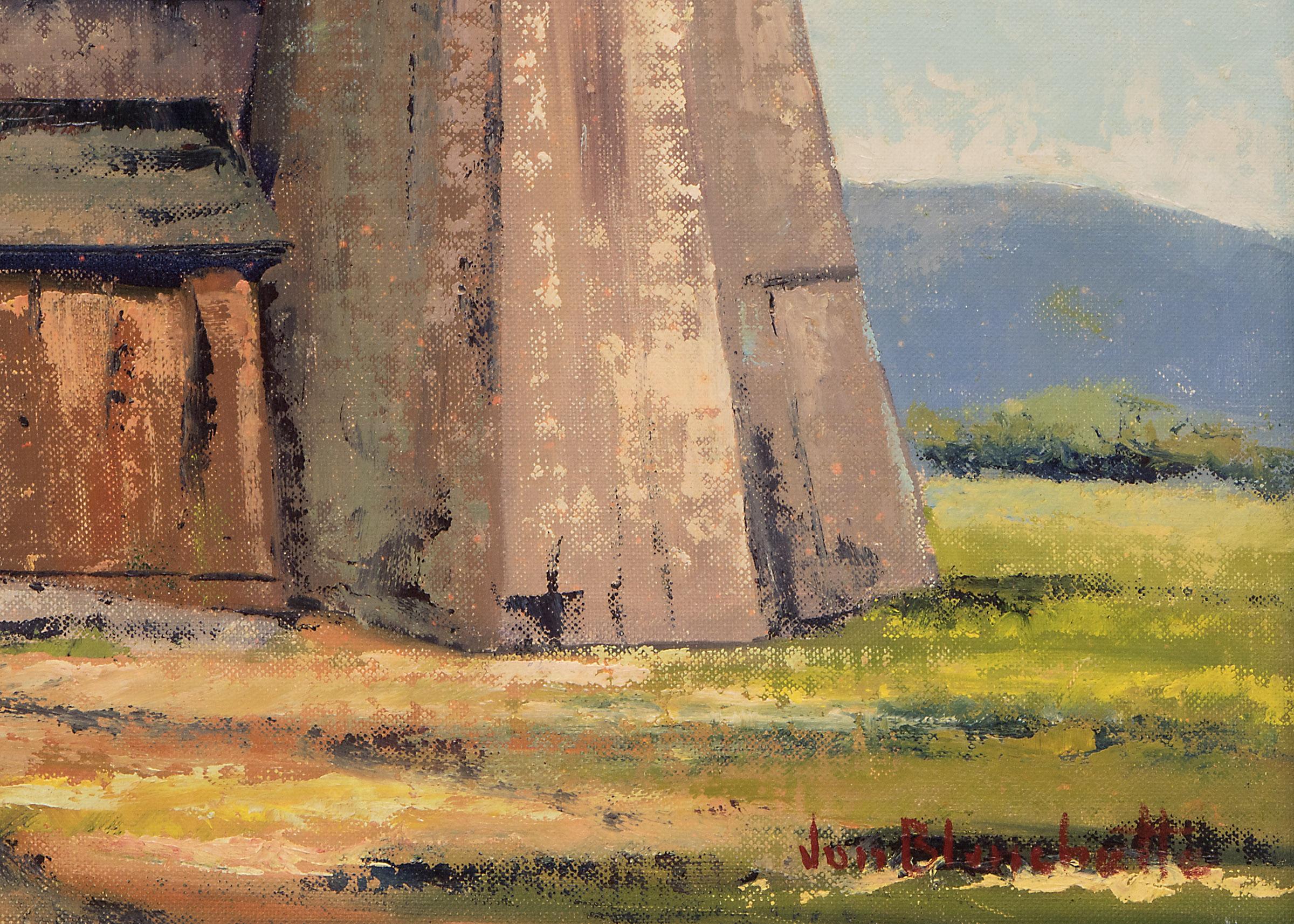 In Soquel, Kalifornien, Bauernhoflandschaft aus den 1950er Jahren mit Silo in Blau, Grün, Gold und Grau (Amerikanische Moderne), Painting, von Jon Blanchette