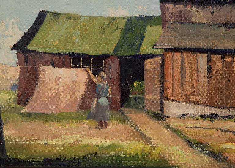 California farm landscape with figure and silo by Jon Blanchette (1908-1987). Oil on board. Presented in a custom frame, outer dimensions measure 20 ¾ x 24 ½ x 1 ¾ inches. Image size is 16 x 20 inches.

Painting is clean and in very good vintage