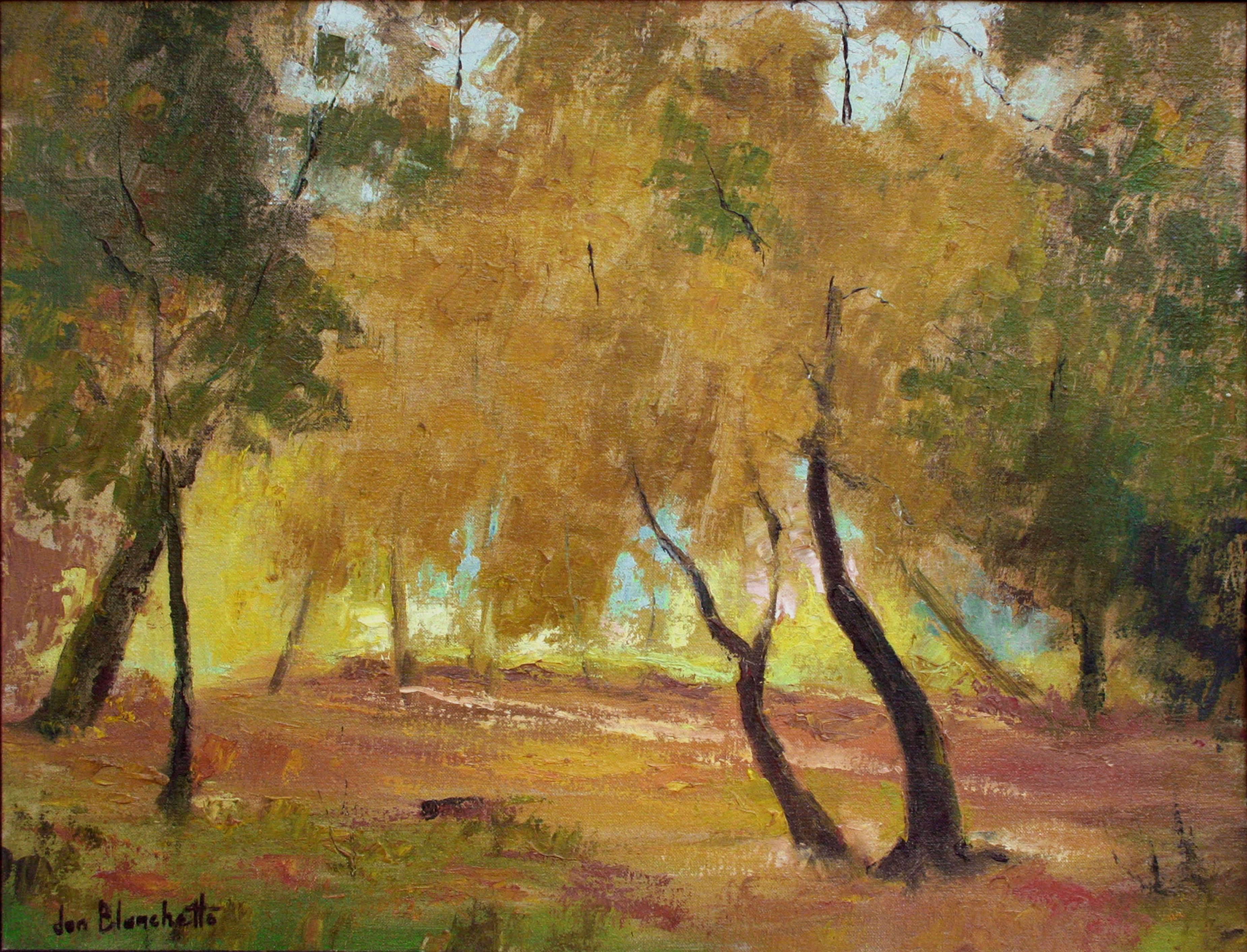 Árboles de otoño, paisaje otoñal de mediados de siglo con tonos naranjas y tierra - Painting de Jon Blanchette