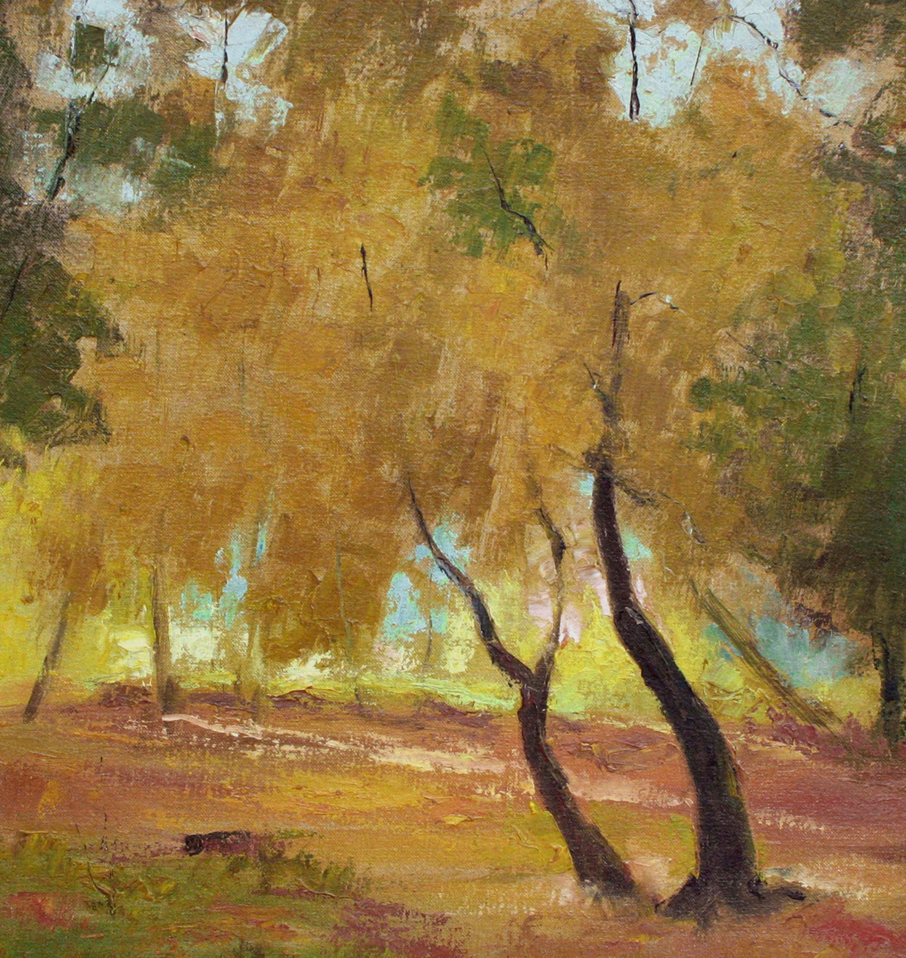 Árboles de otoño, paisaje otoñal de mediados de siglo con tonos naranjas y tierra - Painting impresionista estadounidense de Jon Blanchette