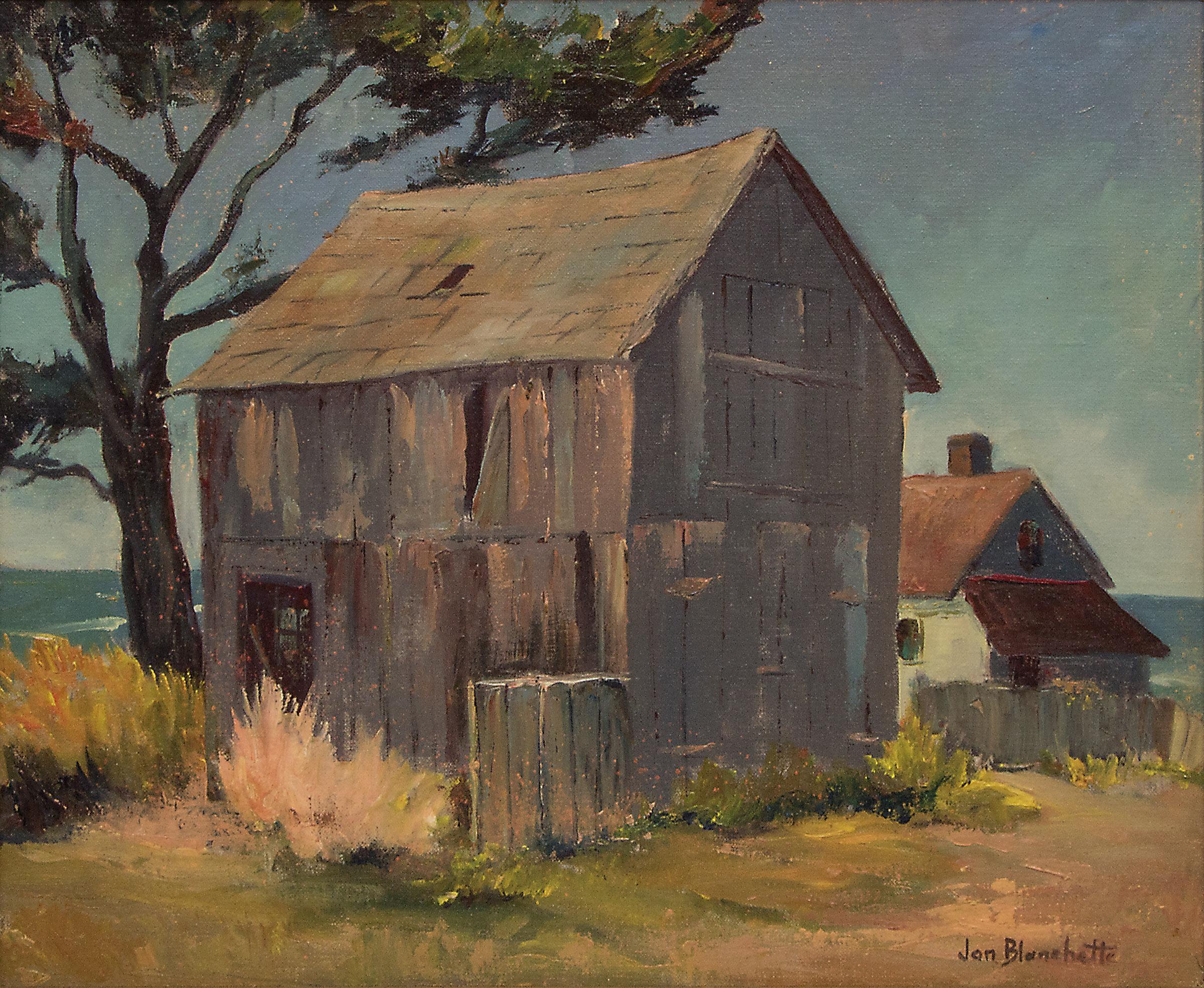Mendocino (California), Paisaje costero de California Pintura al óleo, Gris, Azul - Painting de Jon Blanchette