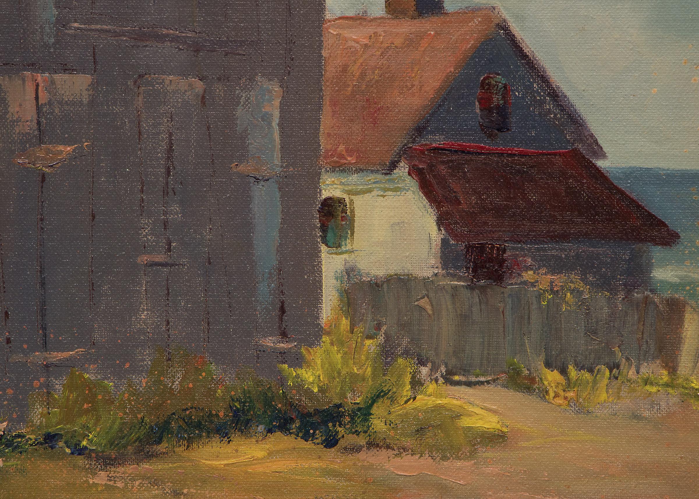 'Mendocino, California' is a mid 20th Century oil on board painting by Jon Blanchette (1908-1987). Coastal California landscape with a large barn and farm house with the ocean peaking through in the background. Framed dimensions measure 19 ½ x 23 ½