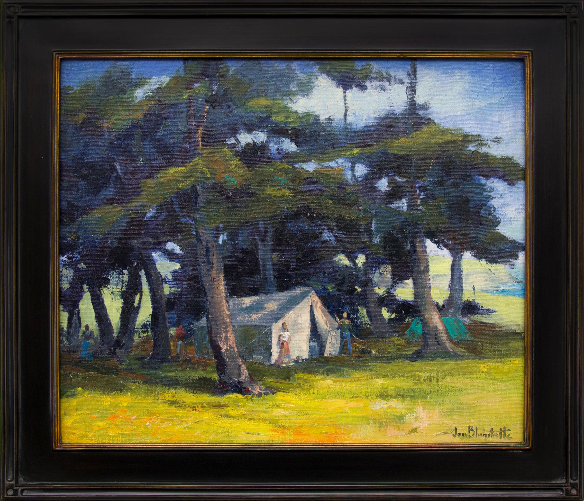 Jon Blanchette Landscape Painting - Mendocino Hippies, Framed 1960s Northern California Landscape Oil Painting 