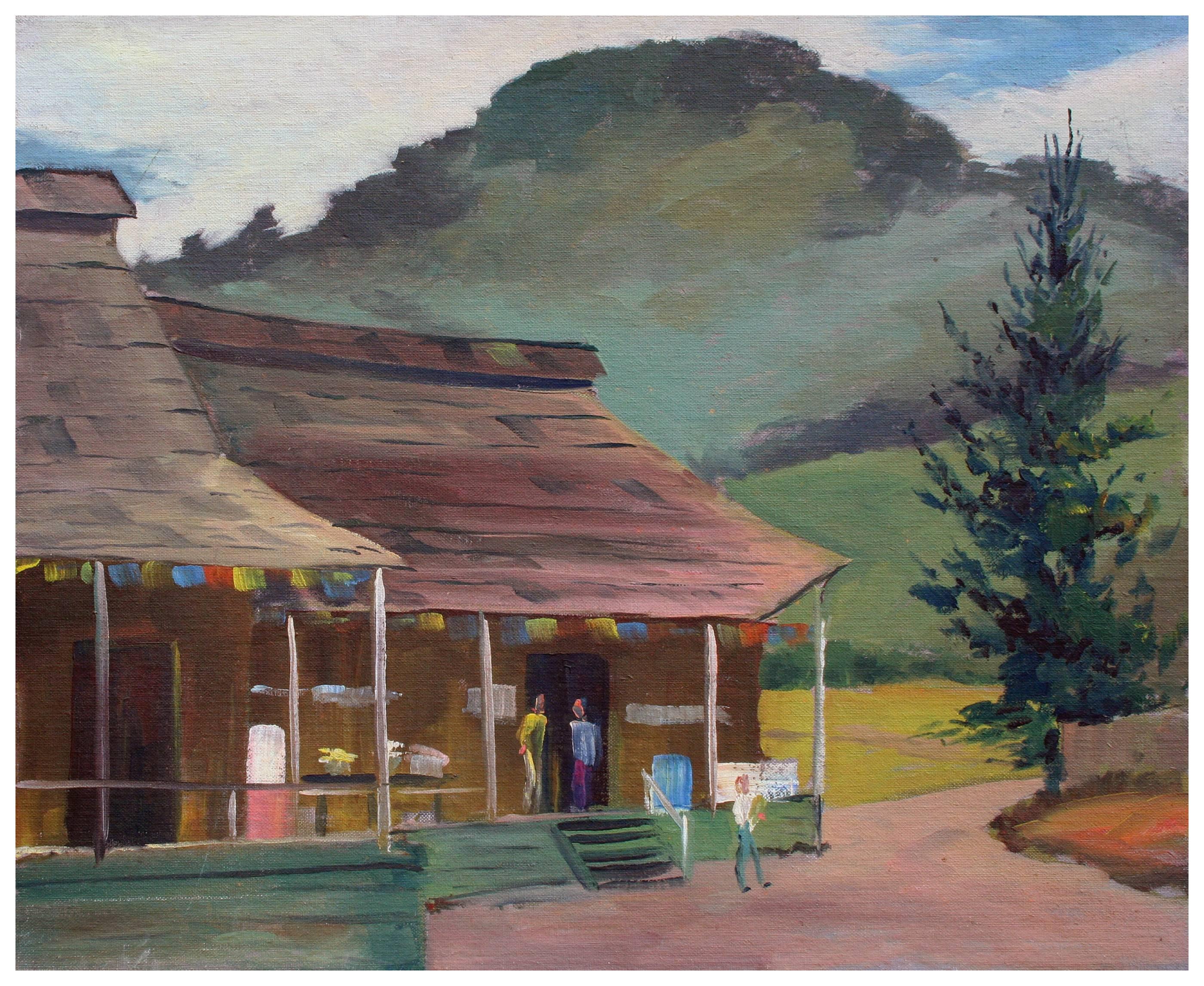 Mid Century Figurative Landscape -- Aptos Village Apple Shed and Market