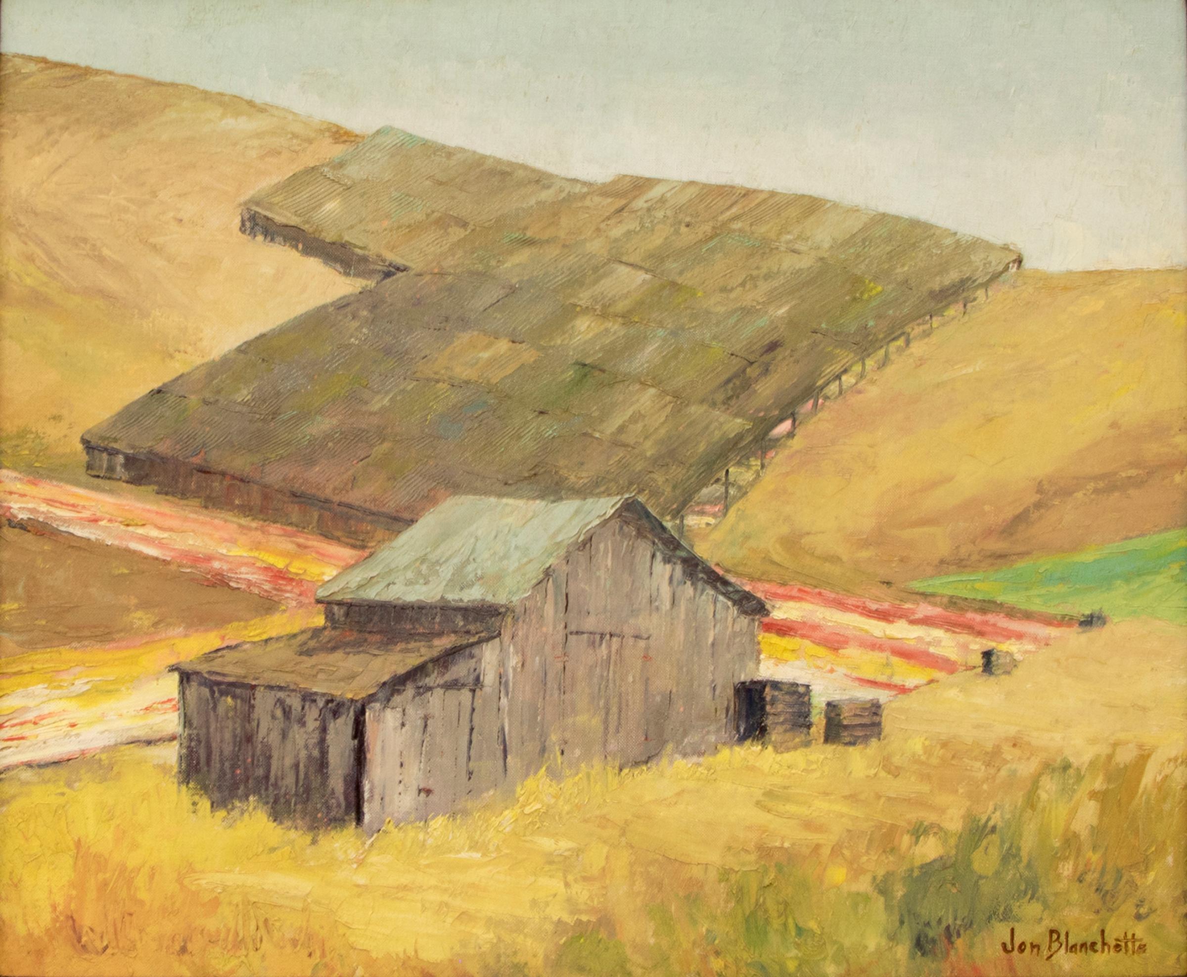 Mid Century Modern California Landscape, Barn and Fields, Green, Gray, Gold - Painting by Jon Blanchette