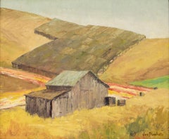 Mid Century Modern California Landscape, Barn and Fields, Green, Gray, Gold
