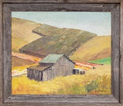 Vintage Mid Century Modern California Landscape, Barn and Fields, Green, Gray, Gold
