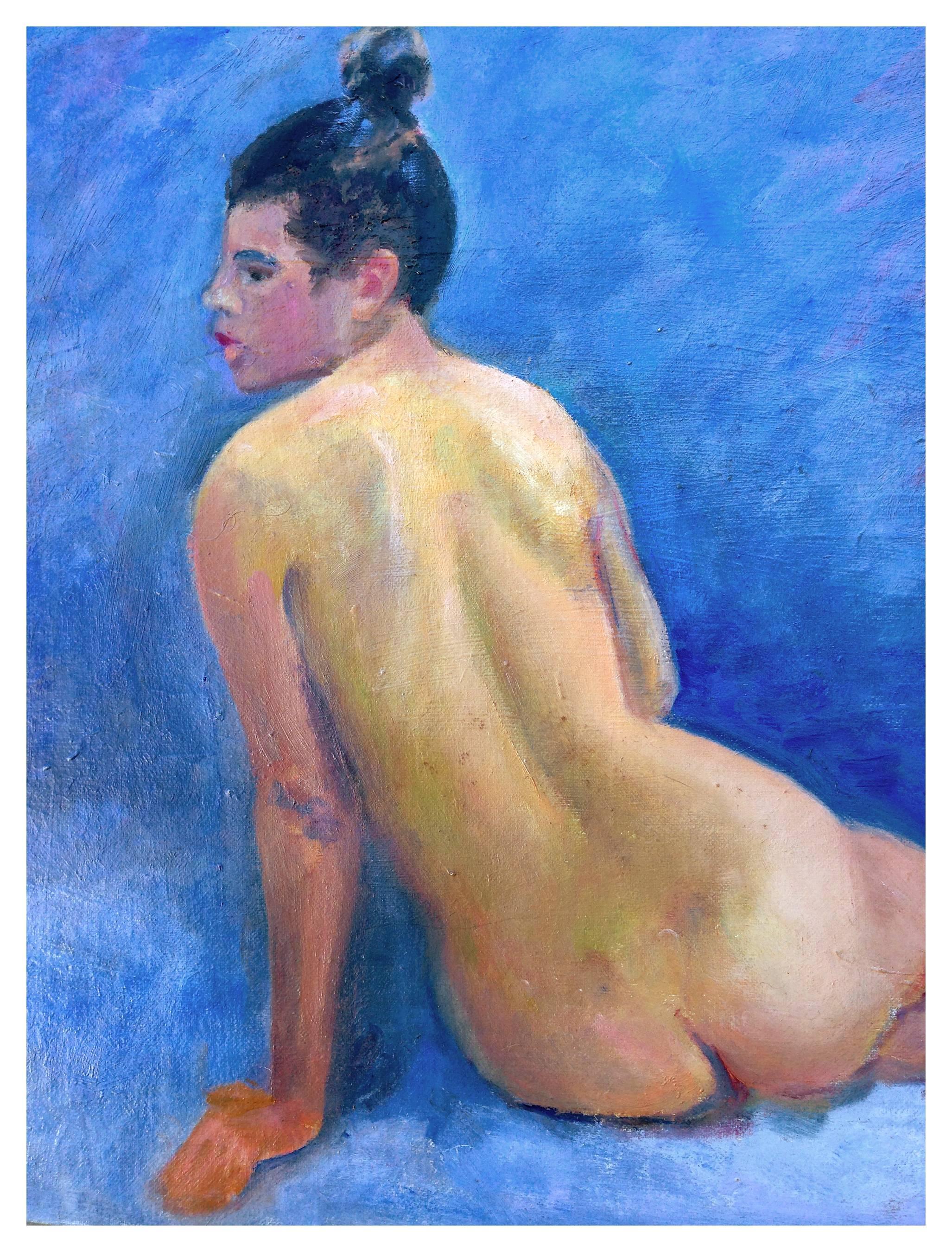 Studio di nudo di metà secolo, Figura reclinata su sfondo blu Olio originale - Painting di Jon Blanchette