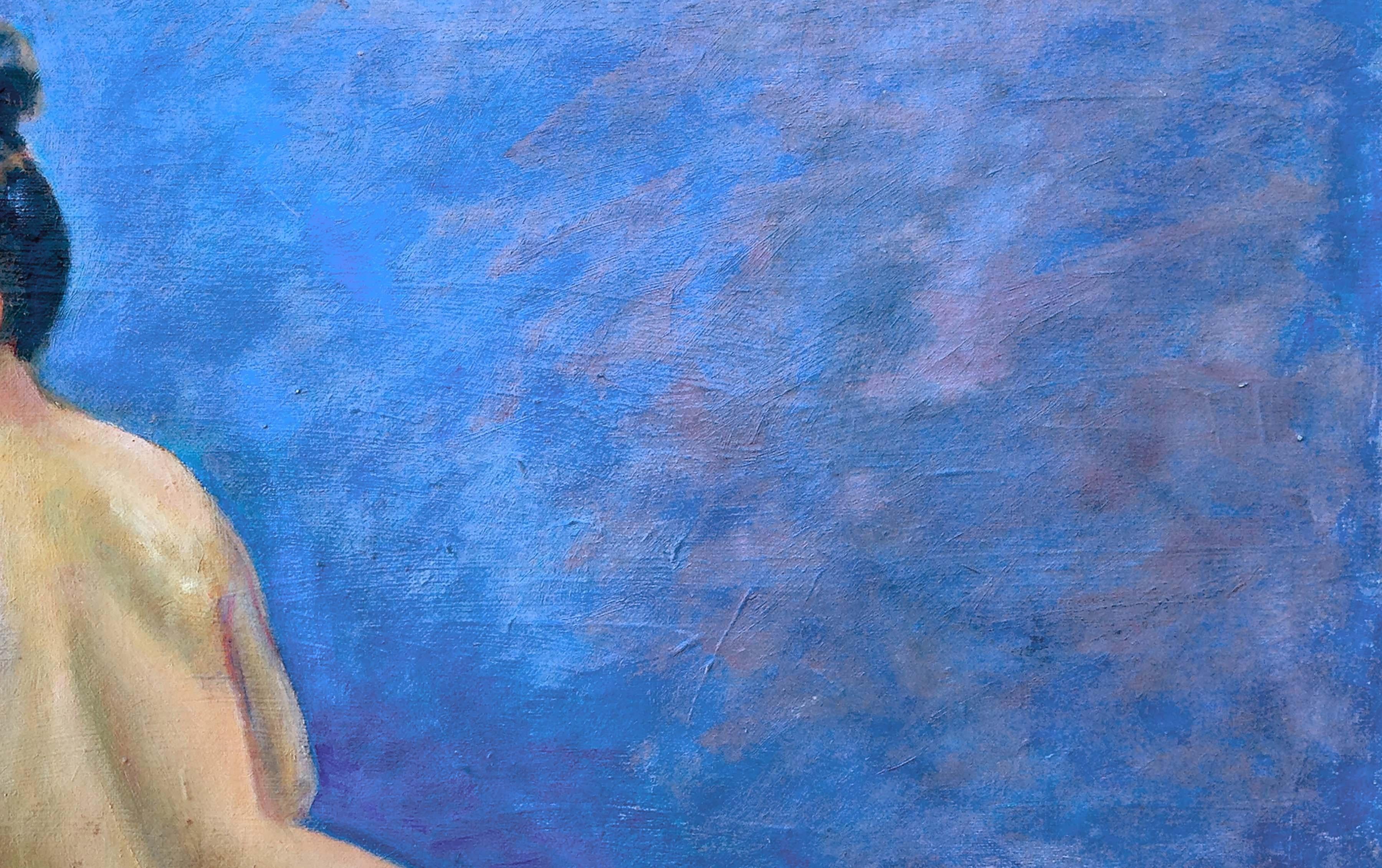 Studio di nudo di metà secolo, Figura reclinata sul blu in olio su tavola

Studio di nudo di metà secolo di una figura femminile in posa reclinata con un ricco sfondo blu dell'artista quotato Jon Blanchette (americano, 1908-1987).  Firmato