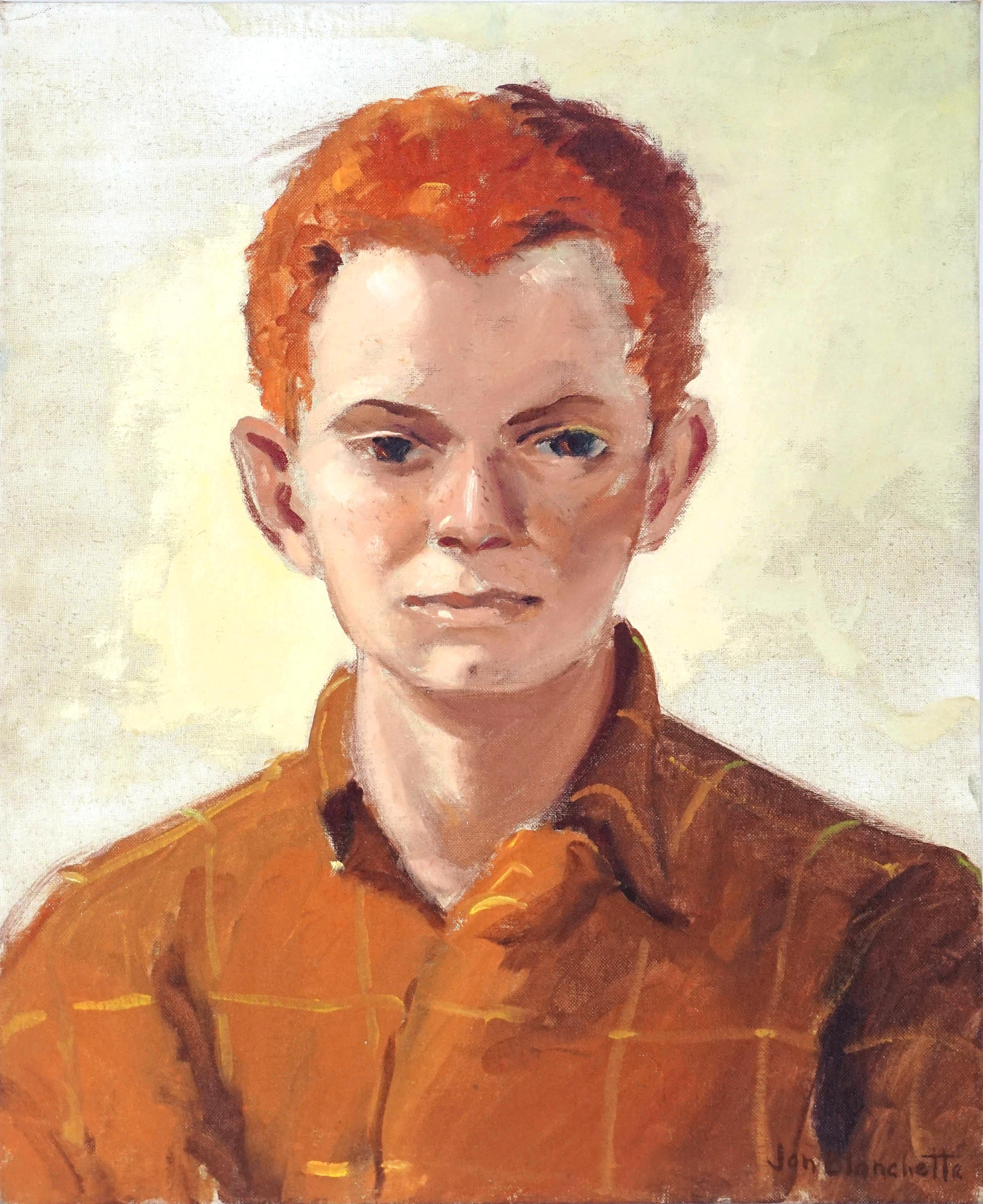 Mid Century Portrait -- Freckled Red Head Boy - Painting by Jon Blanchette