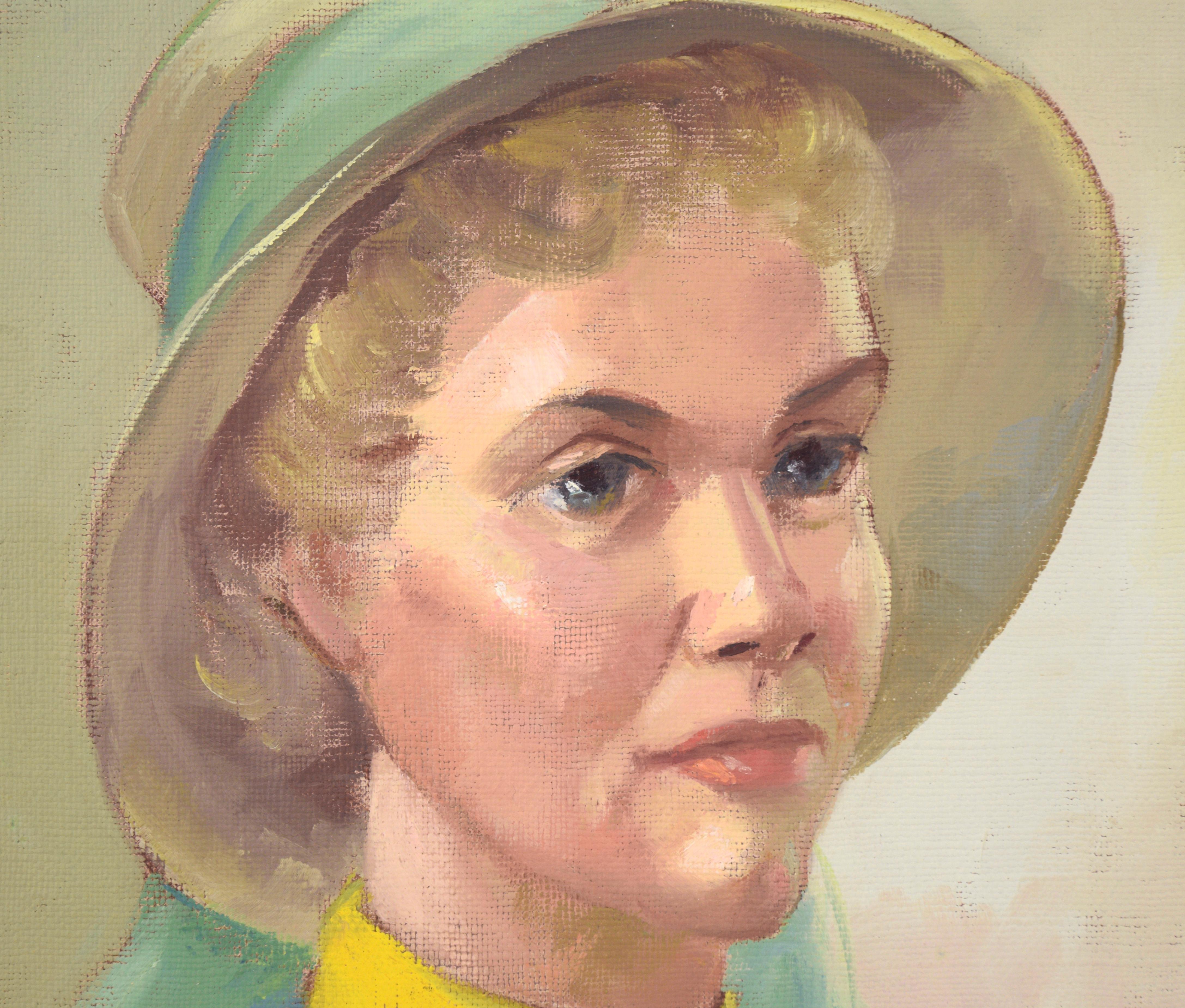 Ritratto di metà secolo di una donna dai capelli grigi che indossa un cappello da sole di Jon Blanchette (americano, 1908-1987). Reso con il suo stile caratteristico, questo ritratto è pulito e vibrante. Il soggetto guarda alla destra