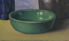 Mid Century Still Life, Fruit with Blue Bottle, Green Bowl and Brown Jug