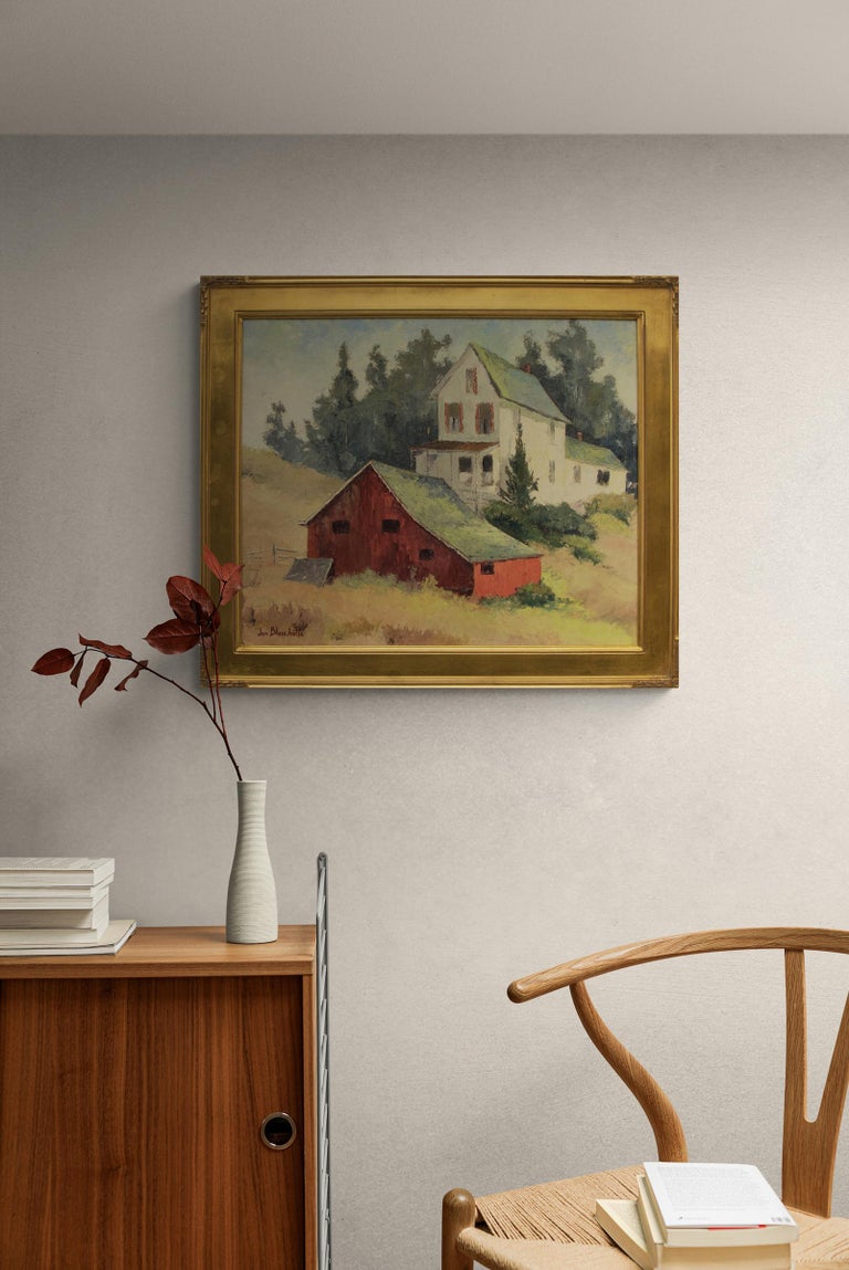 Near Cabrillo, California, 1950s Farm Landscape Oil Painting with Barn and House For Sale 2