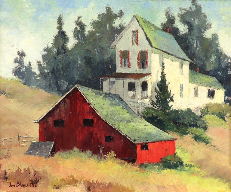 Near Cabrillo, California, 1950s Farm Landscape Oil Painting with Barn and House For Sale 1