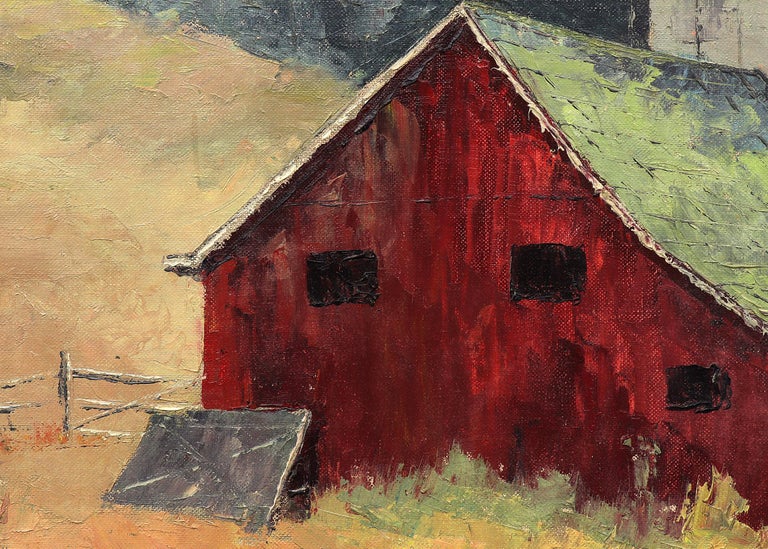 Near Cabrillo, California, 1950s Farm Landscape Oil Painting with Barn and House For Sale 4