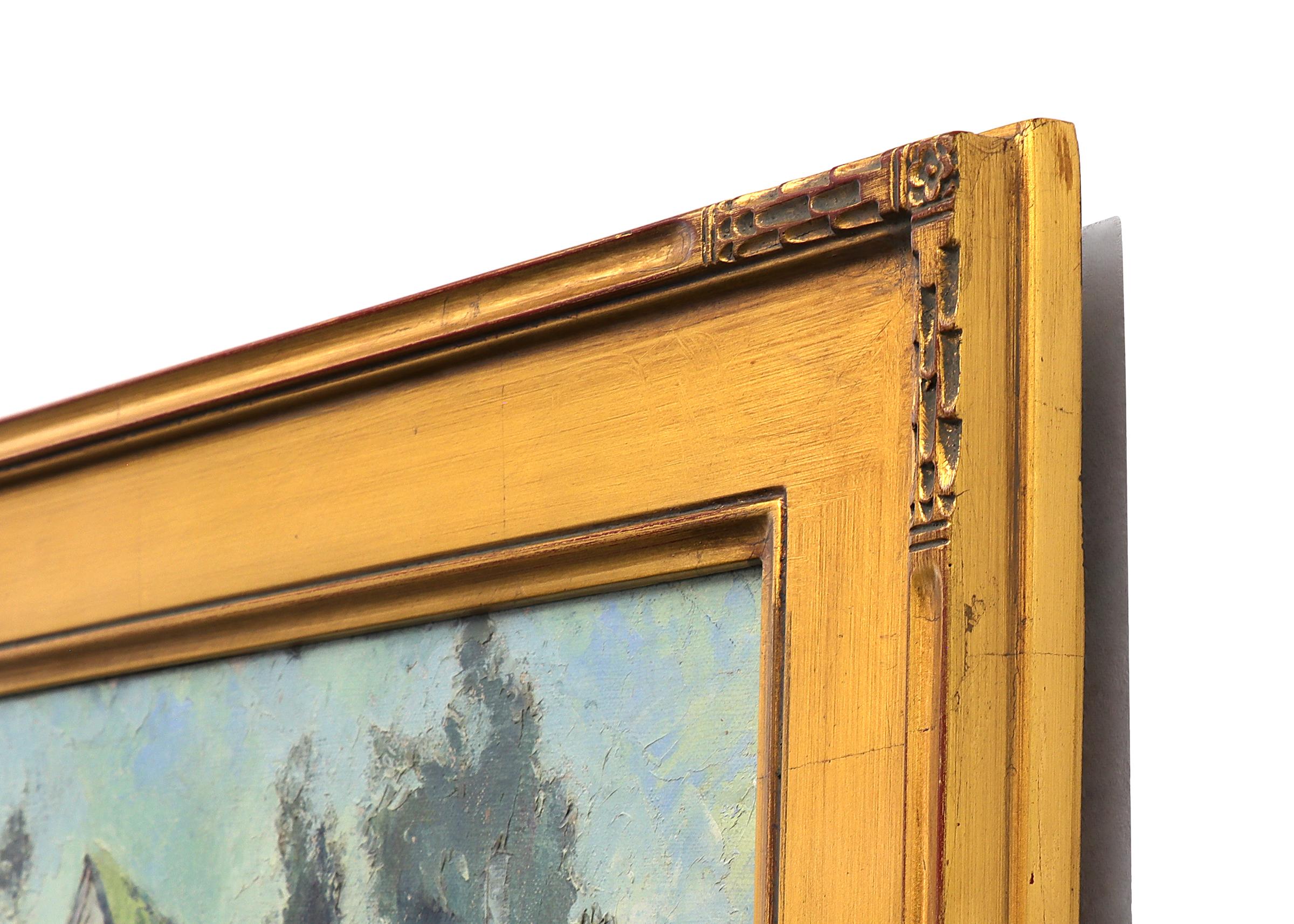 Pintura al óleo de un paisaje agrícola de los años 50, granero y casa cerca de Cabrillo, California en venta 7