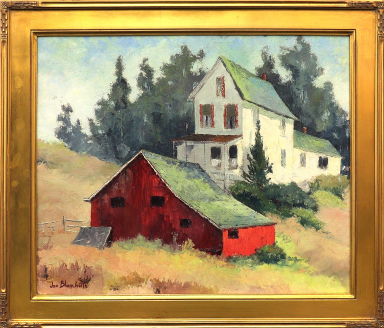 Oil on canvas board painting of a farm landscape near Cabrillo, California by Jon Blanchette circa 1955. Featuring a red barn, white farmhouse and rolling hills with trees. Presented in a custom gold frame, outer dimensions measure 24 ¾ x 28 ¾ x 1