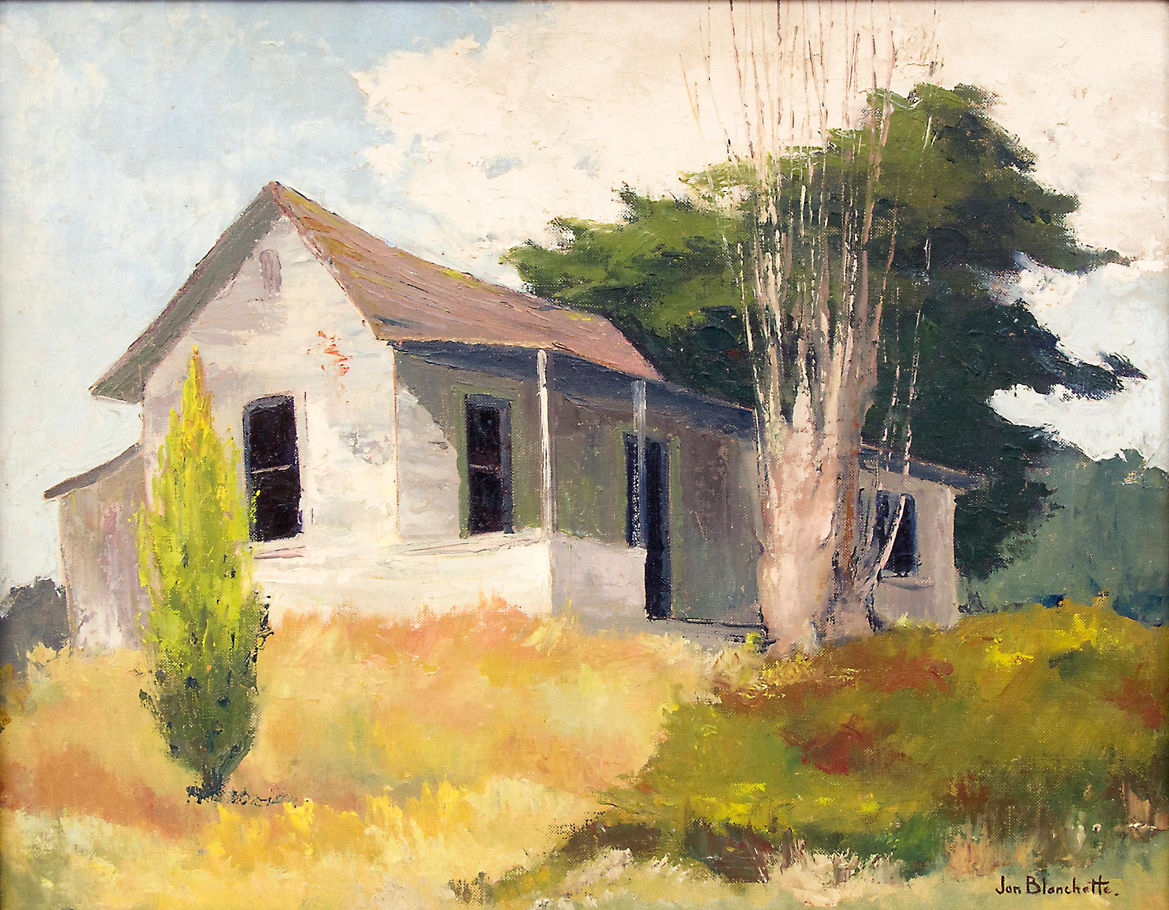 Near Watsonville, Californie, Peinture à l'huile de paysage du milieu du siècle, arbres de maison - Painting de Jon Blanchette