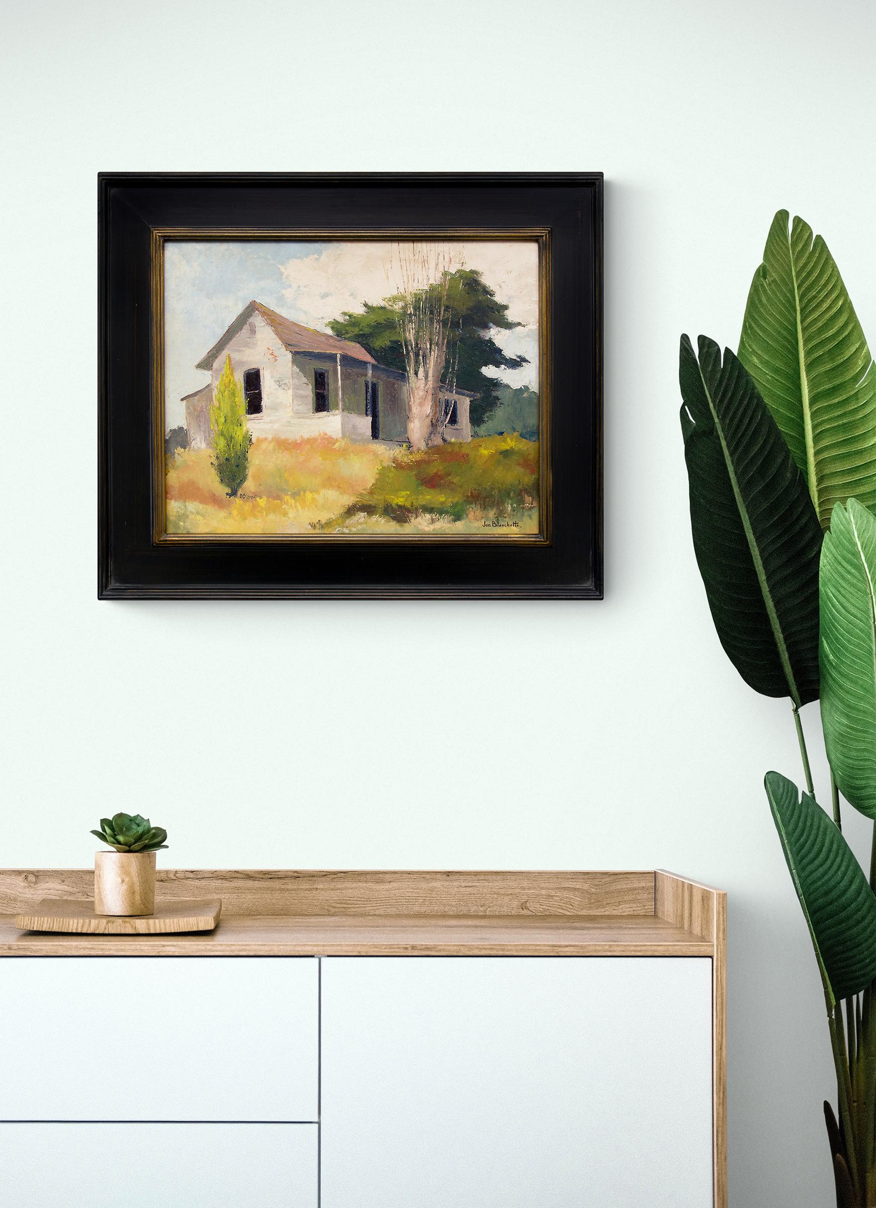 Near Watsonville, Californie, Peinture à l'huile de paysage du milieu du siècle, arbres de maison - Modernisme américain Painting par Jon Blanchette