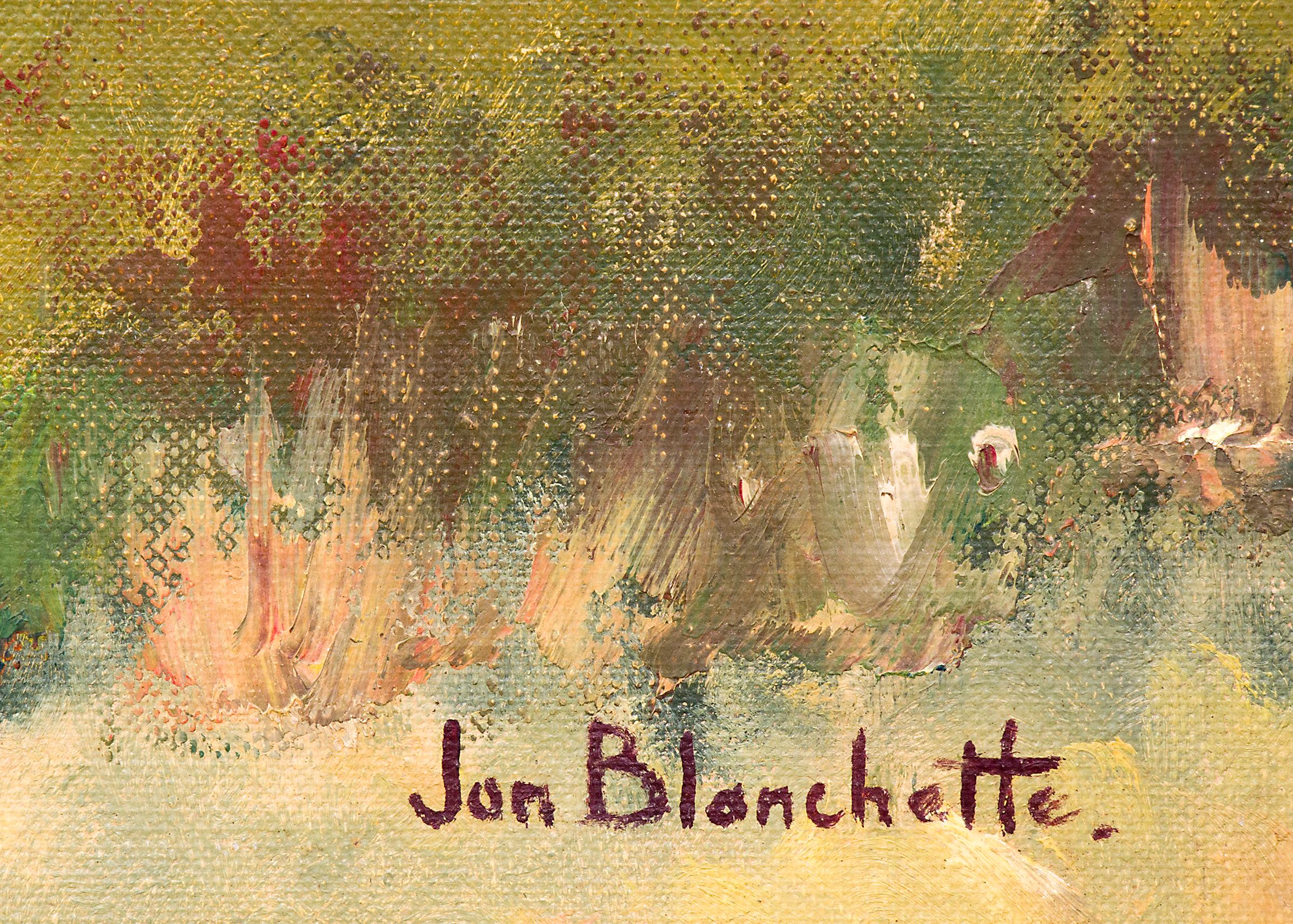 Near Watsonville, Californie, Peinture à l'huile de paysage du milieu du siècle, arbres de maison - Noir Landscape Painting par Jon Blanchette