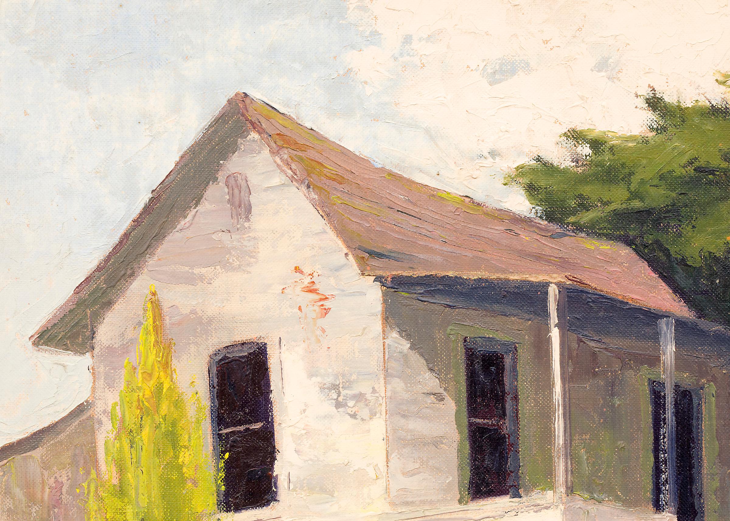 Huile sur carton d'artiste du milieu du 20e siècle représentant une maison blanche près de Watsonville, en Californie. peinture de paysage des années 1950 avec maison et arbres. Présenté dans un cadre personnalisé, les dimensions extérieures