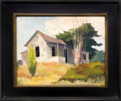 Near Watsonville, Californie, Peinture à l'huile de paysage du milieu du siècle, arbres de maison