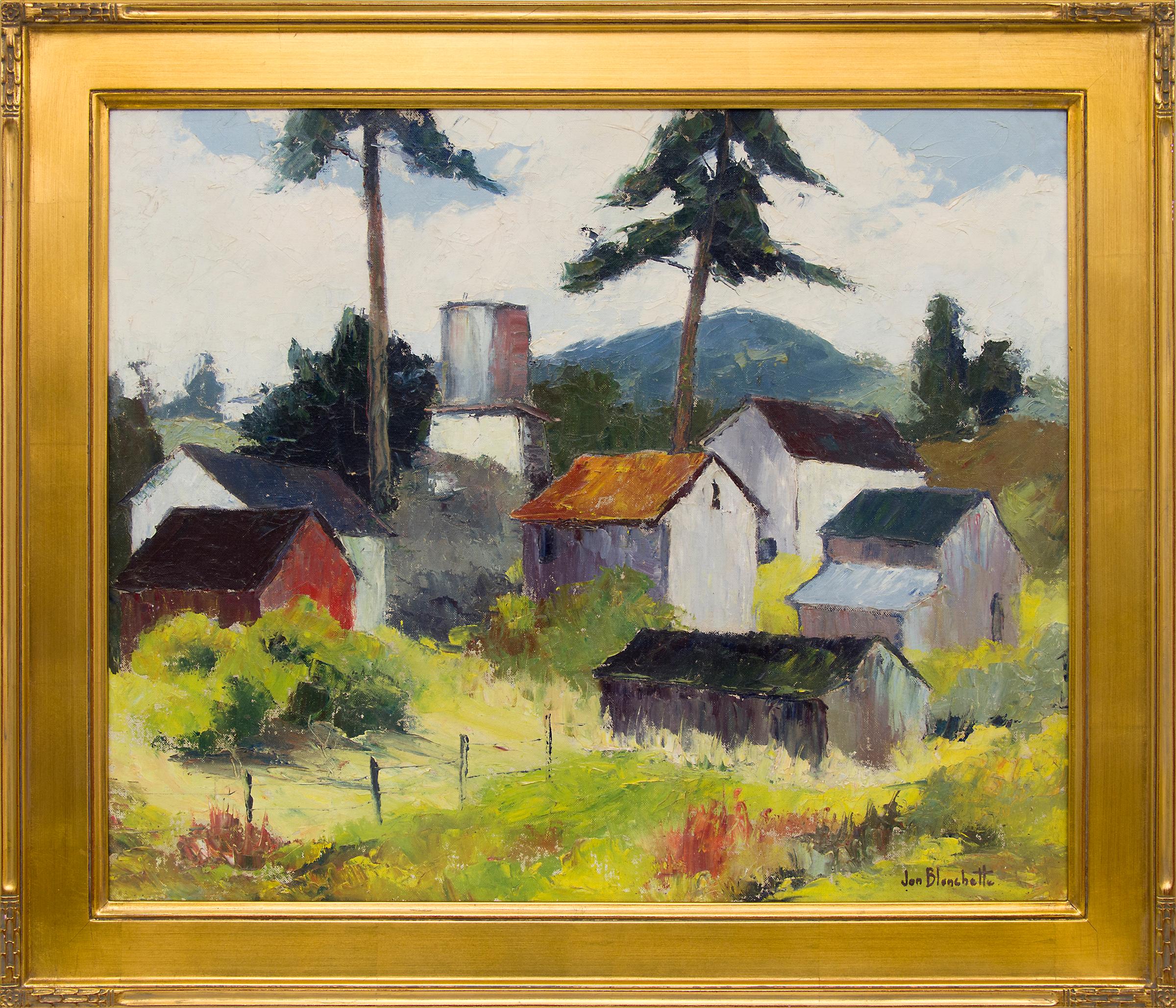 Jon Blanchette Landscape Painting - Old Aptos (Northern California), Vintage 1950s Painting, Green, Yellow, White