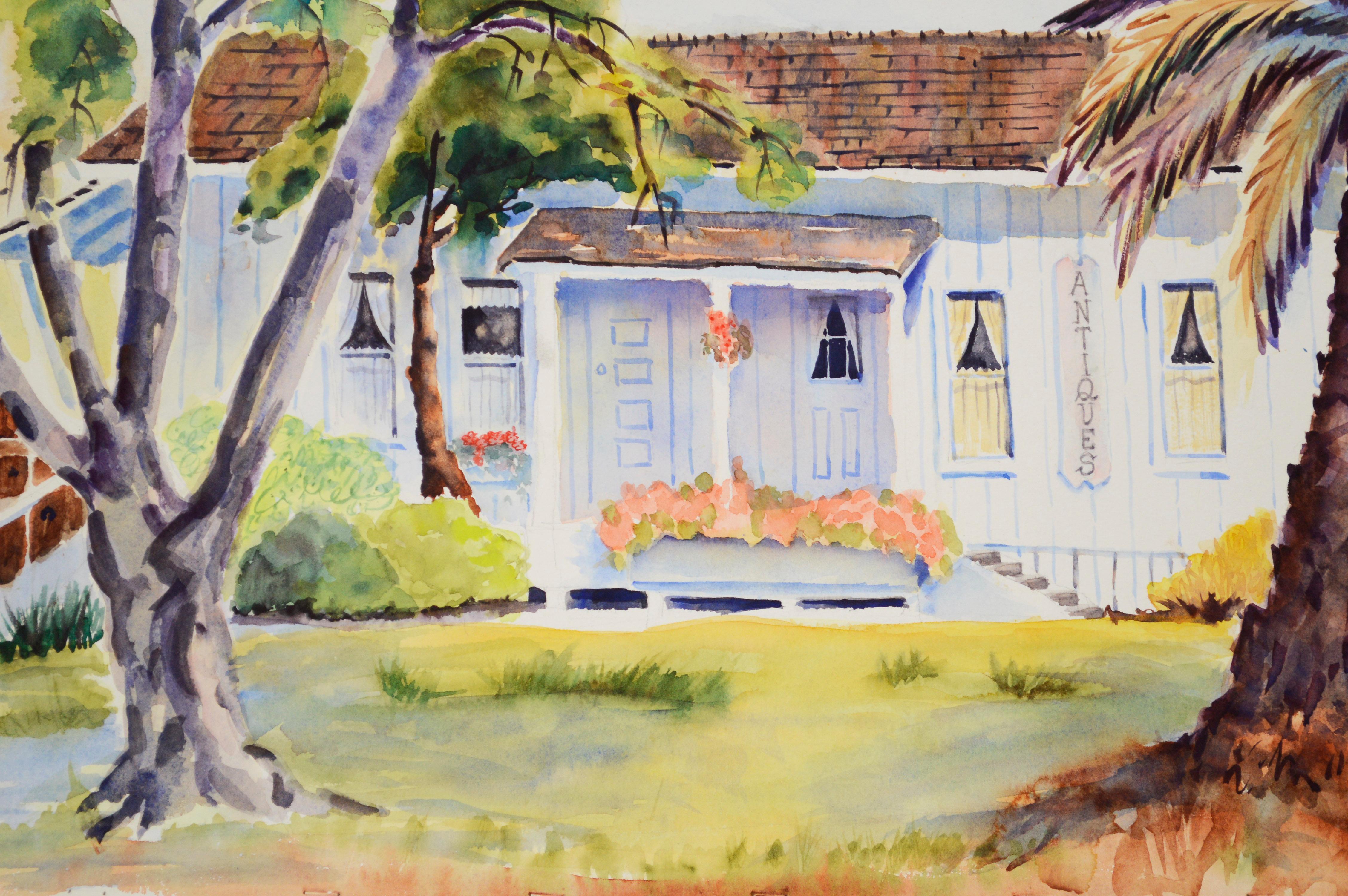 Quaint Antique Barn, Paesaggio Acquerello della California del Mid Century - Art di Jon Blanchette