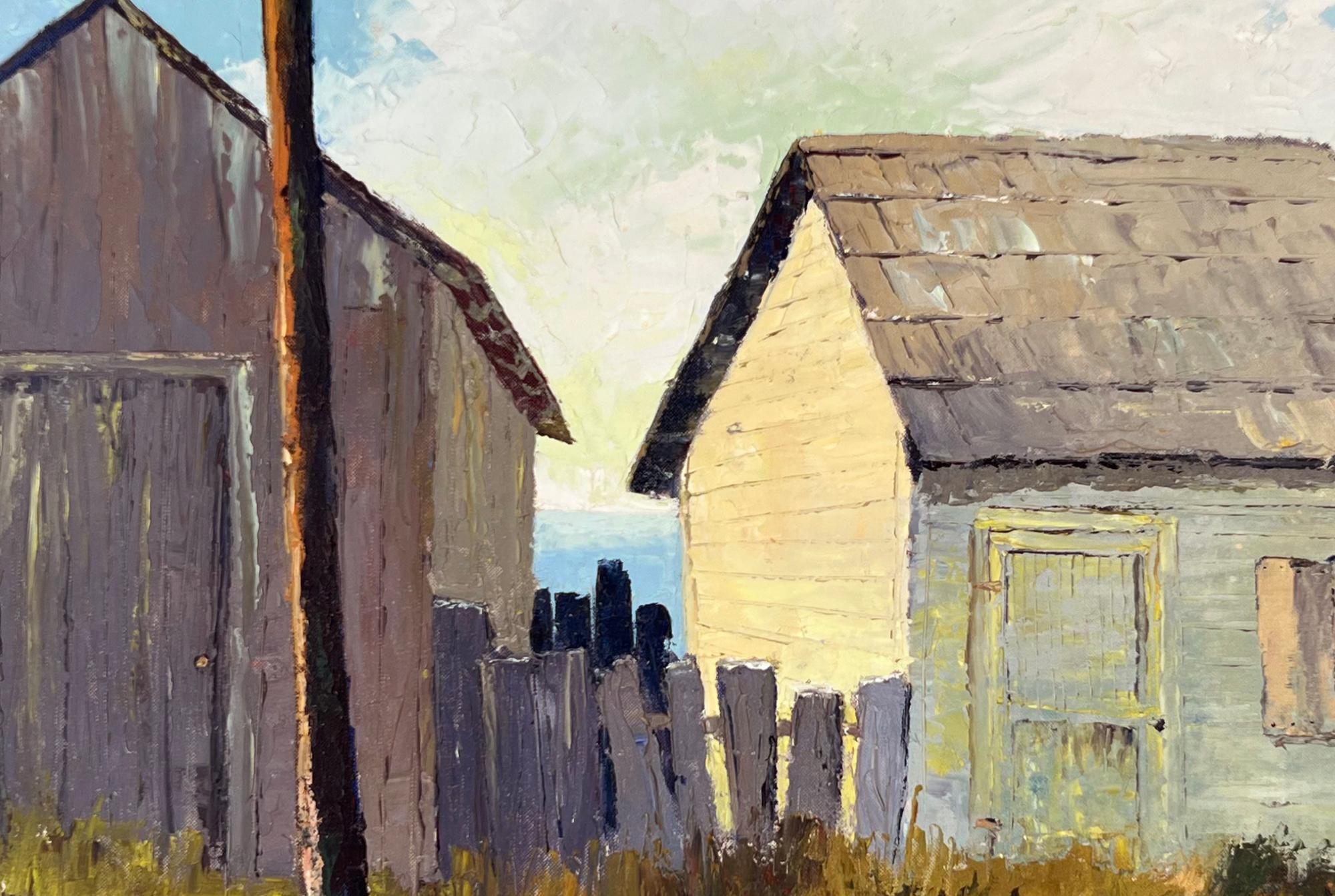 Shacks by the Sea - California Coastal Landscape in Oil on Artist's Board

Textured coastal landscape by Jon Blanchette (American, 1908-1987). Two small shacks or sheds are side by side at the edge of the California coast. between them, there is a