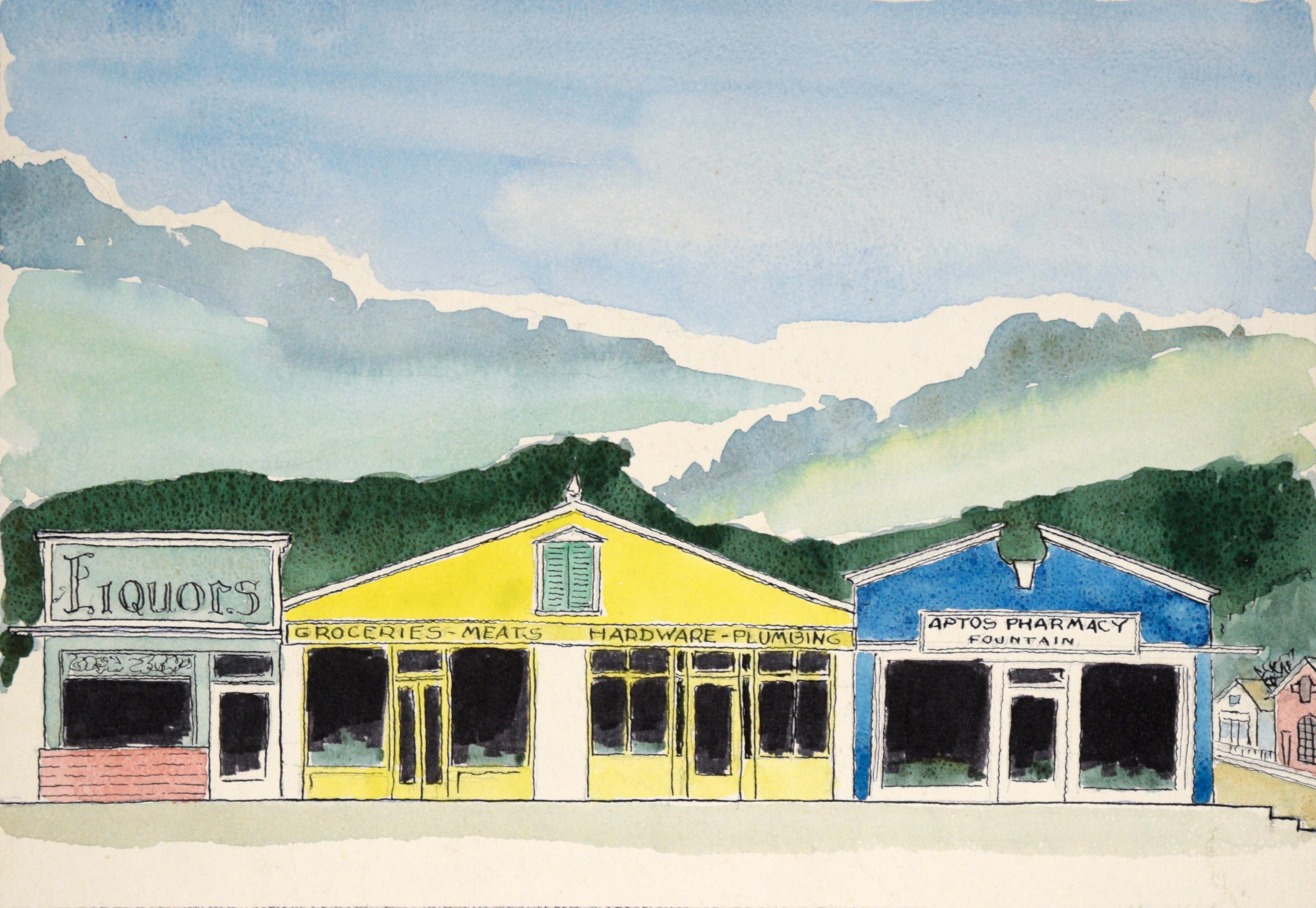 Shops in Aptos Village am Soquel Drive, Aptos, Kalifornien  Aquarell – Painting von Jon Blanchette