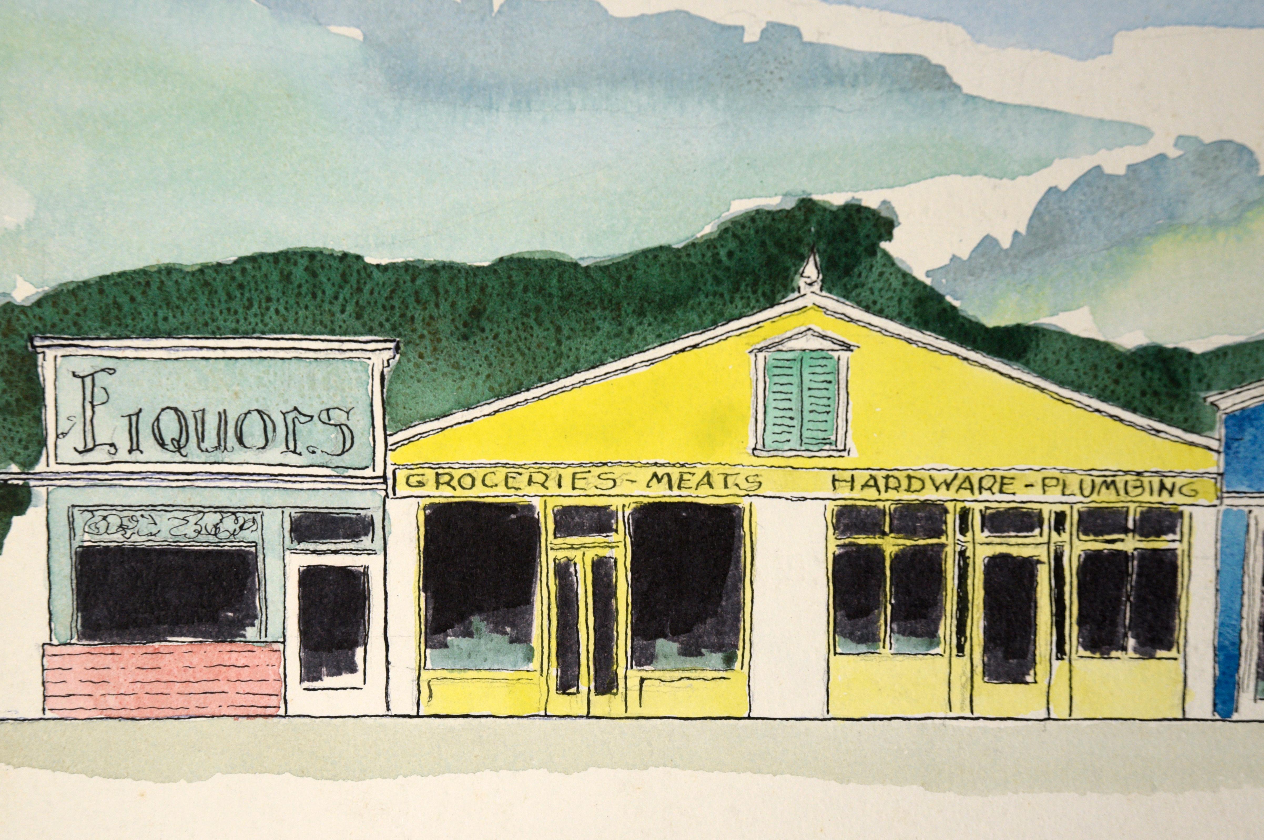 Shops in Aptos Village am Soquel Drive, Aptos, Kalifornien  Aquarell (Beige), Landscape Painting, von Jon Blanchette