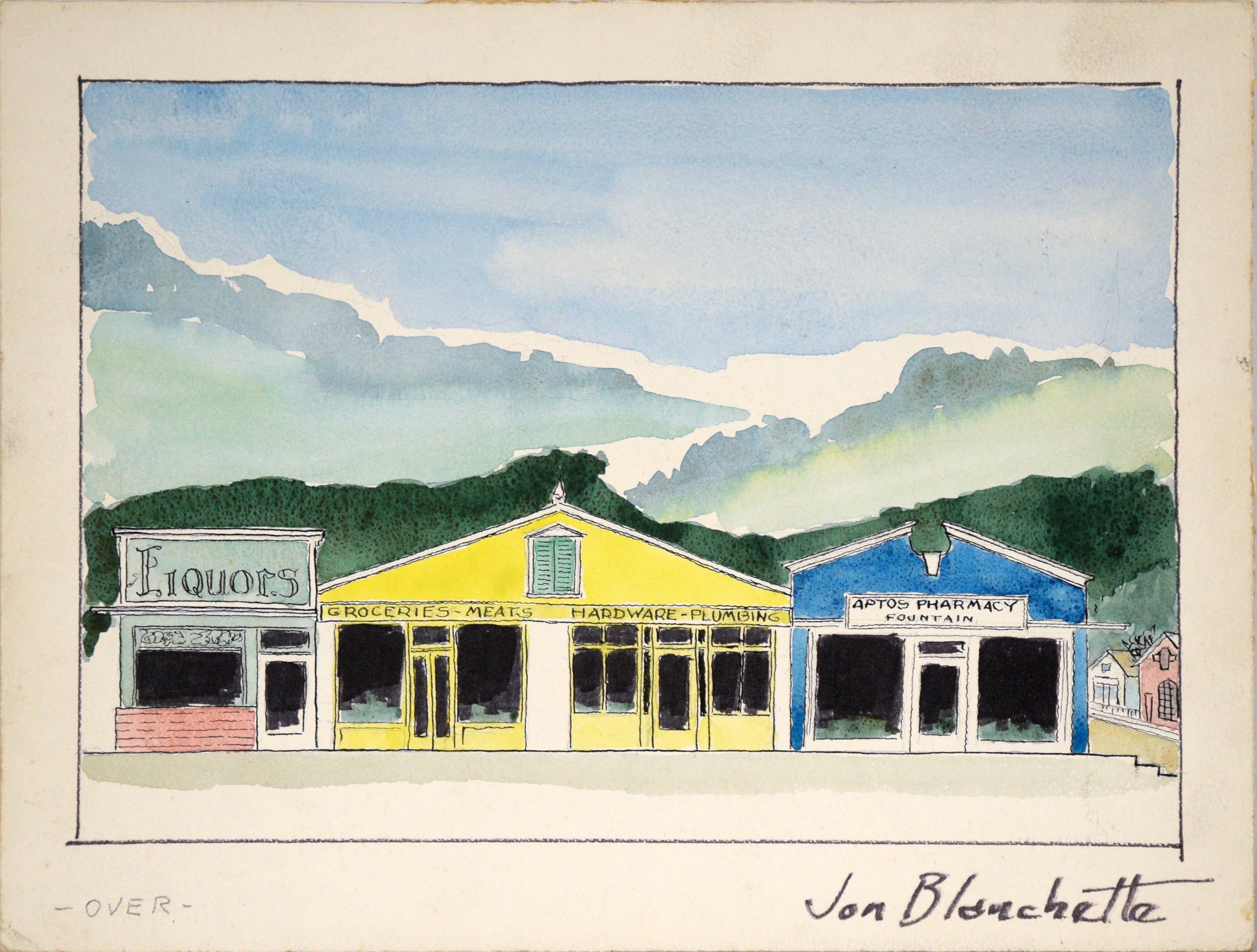 Jon Blanchette Landscape Painting – Shops in Aptos Village am Soquel Drive, Aptos, Kalifornien  Aquarell