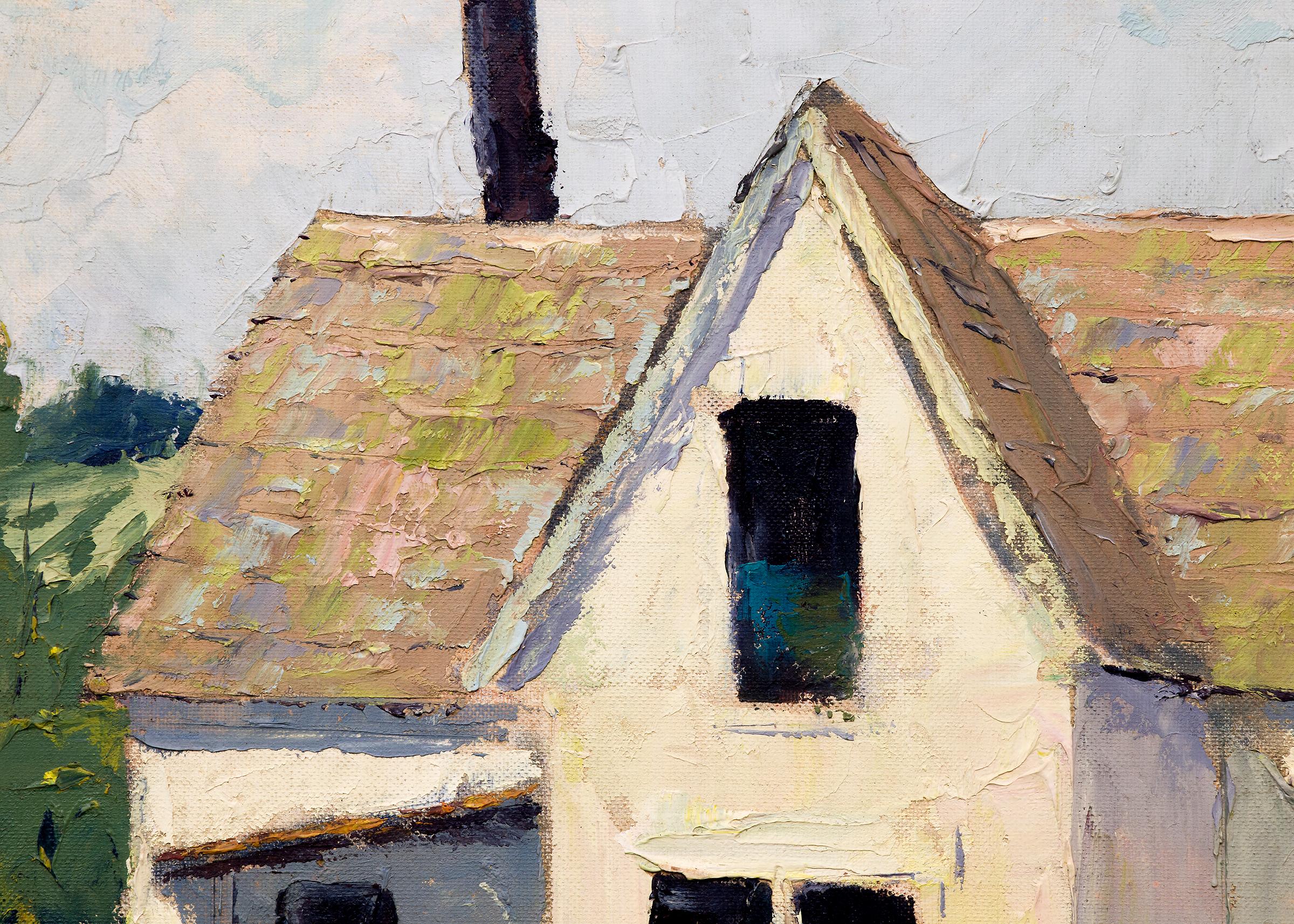 Original-Landschaftsgemälde aus der Mitte des 20. Jahrhunderts von Jon Blanchette (1908-1987) mit einem weißen Farmhaus und einer Scheune in Nordkalifornien.  Vintage Malerei circa 1950-1960s Pleinair-Stil Malerei. Präsentiert in einem Rahmen,