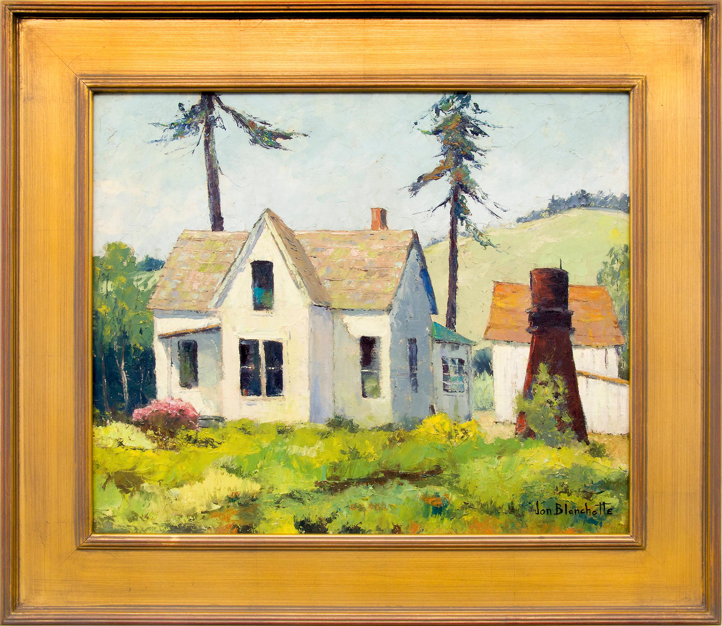 Southern California Landscape With White House 20th Century Oil Painting