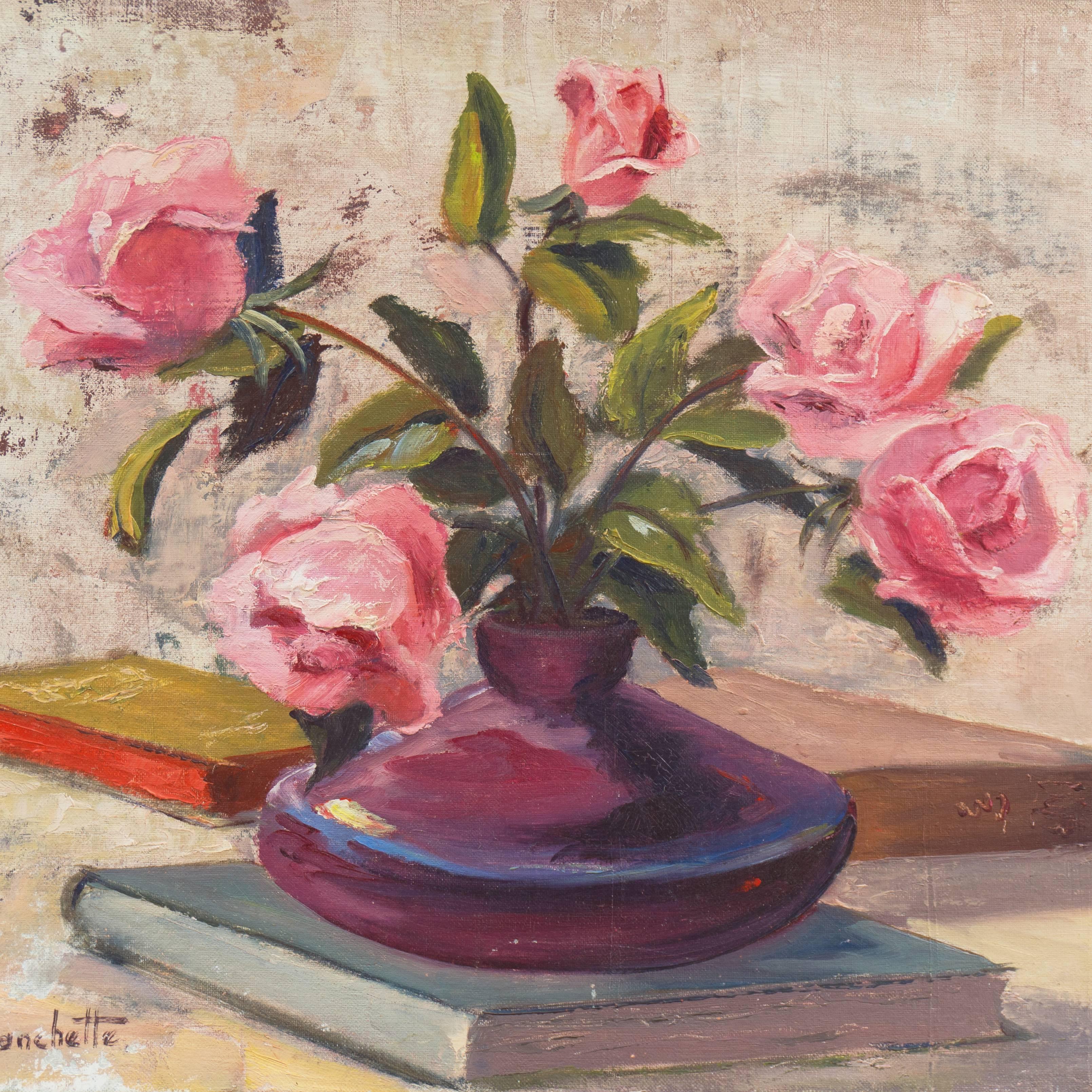 'Still Life of Pink Roses', American Impressionist Oil, Santa Cruz Art League - Beige Still-Life Painting by Jon Blanchette