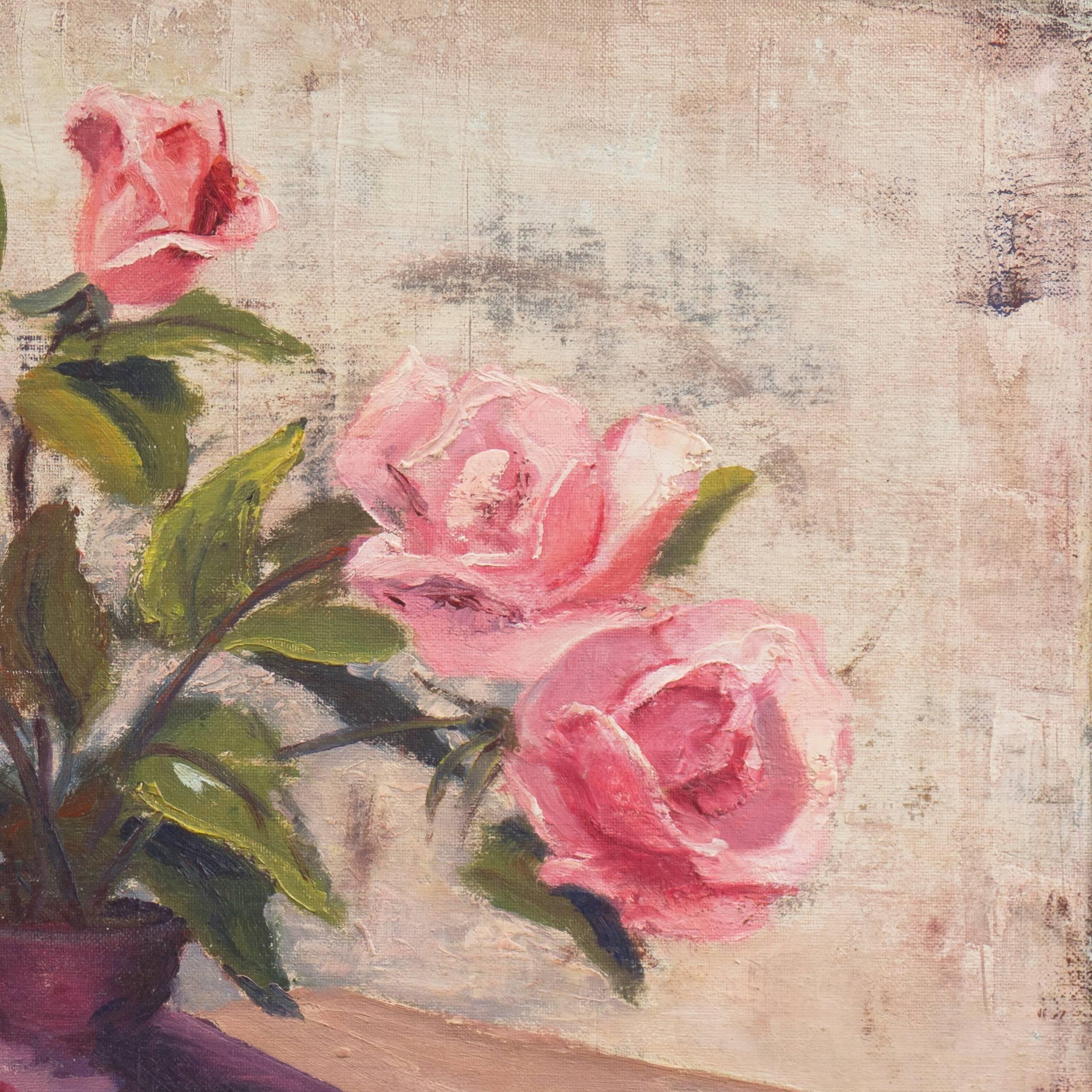 'Still Life of Pink Roses', American Impressionist Oil, Santa Cruz Art League For Sale 1